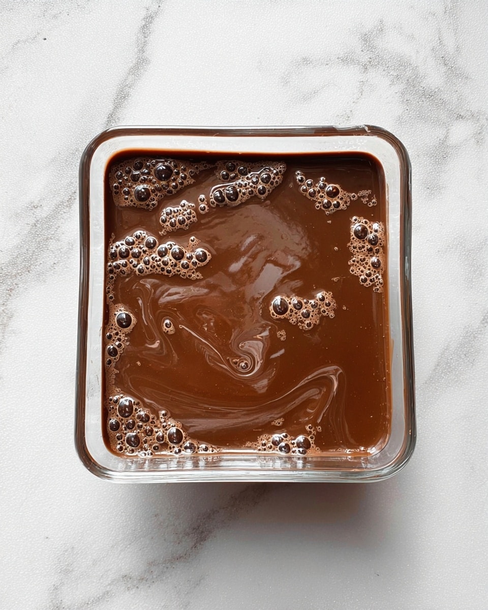 A clear square glass dish filled with a smooth, dark brown chocolate liquid with light swirling patterns and bubbles scattered on the surface. The dish is placed on a white marbled textured surface. photo taken with an iphone --ar 4:5 --v 7