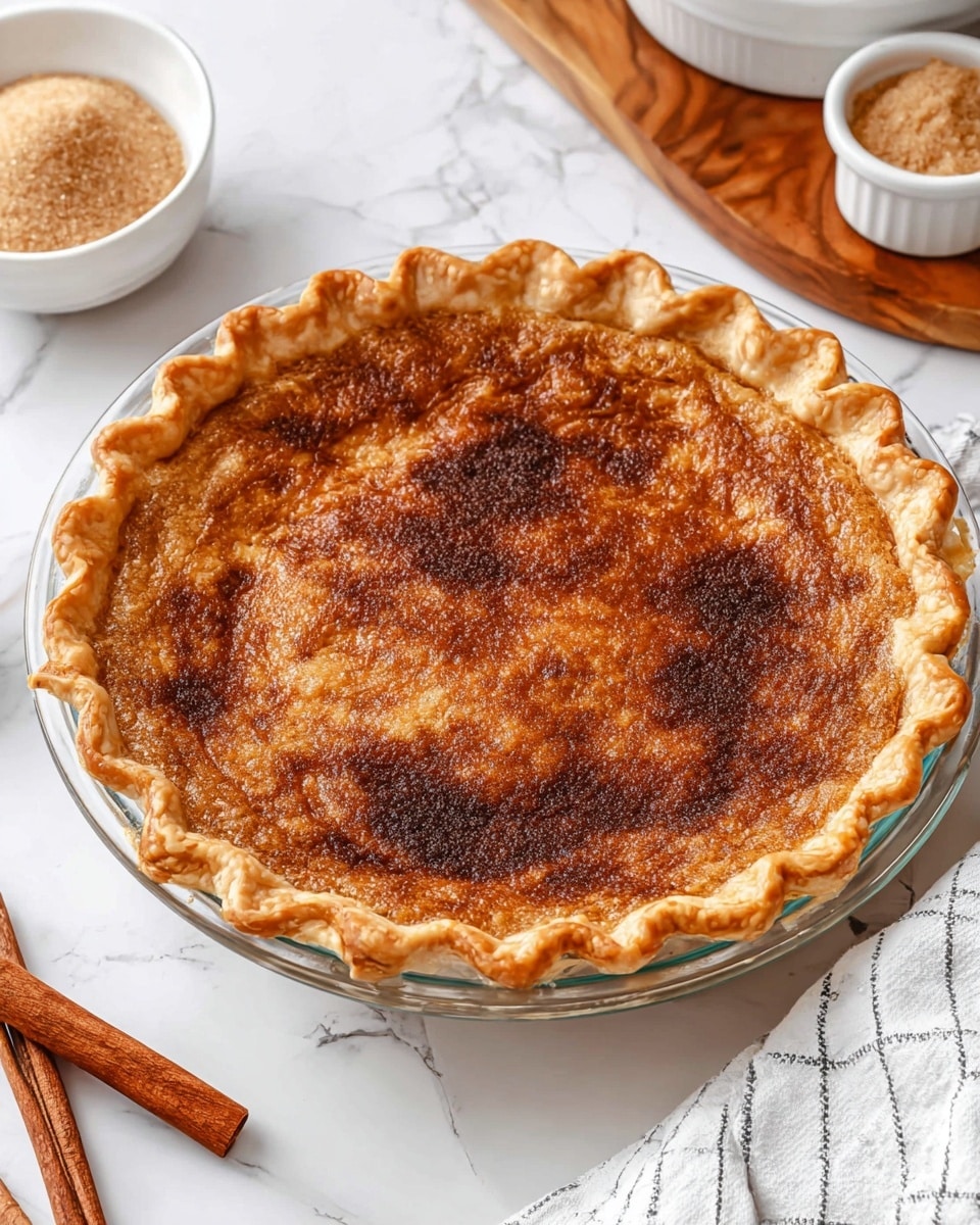 A single-layer pie with a golden, flaky crust that has a wavy edge. The top filling is smooth but has a brown, slightly caramelized surface with darker patches, giving a toasted look. The pie sits in a clear glass pie dish on a white marbled surface. Around the pie, there are two cinnamon sticks at the bottom left, a round white bowl with light brown sugar above the pie, and part of a white dish on a wooden board to the right. A white cloth with thin black stripes is partly showing at the bottom right. photo taken with an iphone --ar 4:5 --v 7