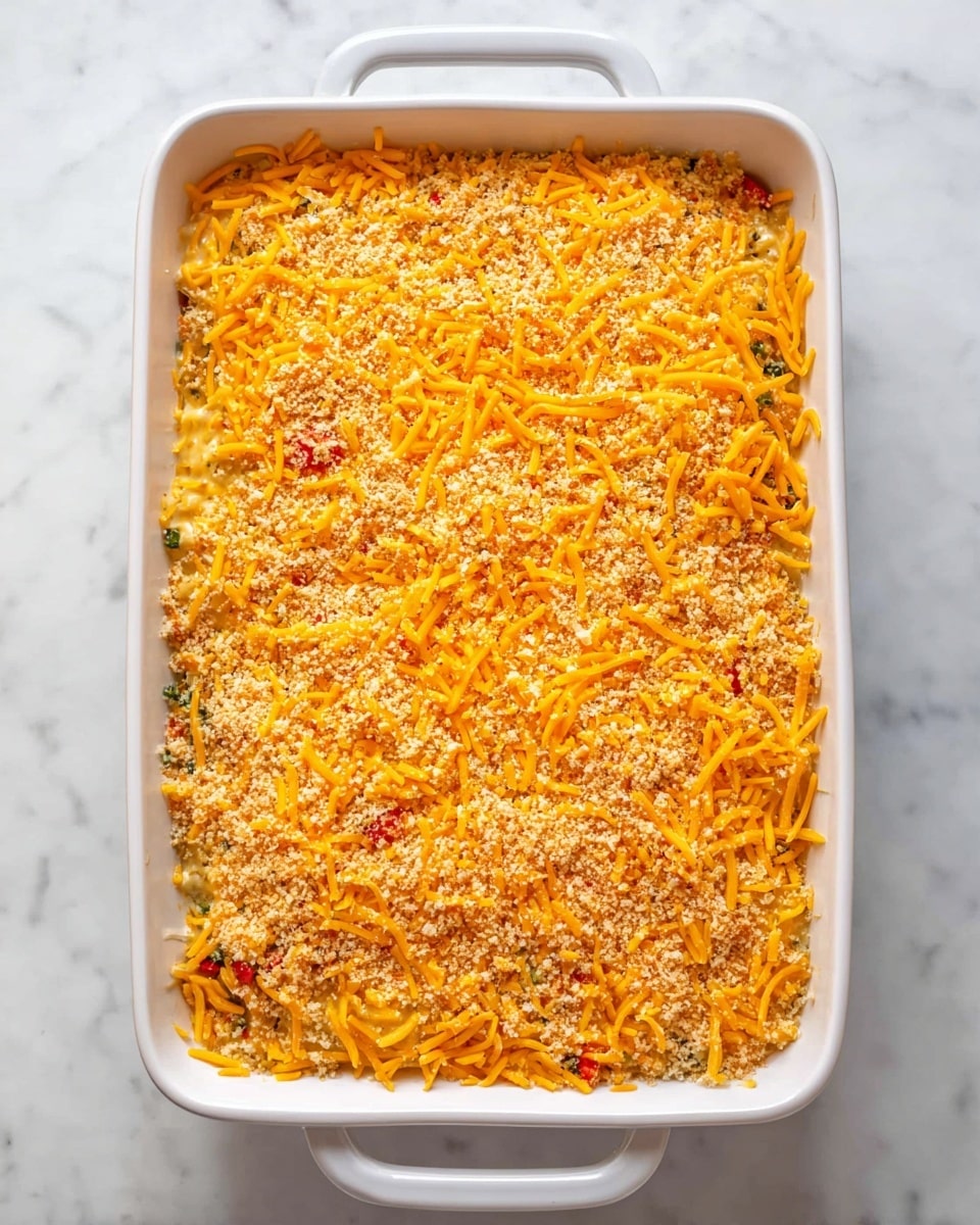 A white rectangular baking dish filled with a layered casserole shows a top layer generously covered with bright orange shredded cheese and a light sprinkling of fine breadcrumbs. Beneath the cheese, hints of mixed ingredients like small red and green bits peek through, suggesting vegetables or seasoning mixed within. The dish sits on a white marbled surface, highlighting the vibrant colors of the casserole top. The texture of the shredded cheese contrasts with the finer, grainy breadcrumb layer spread evenly across the top. Photo taken with an iphone --ar 4:5 --v 7