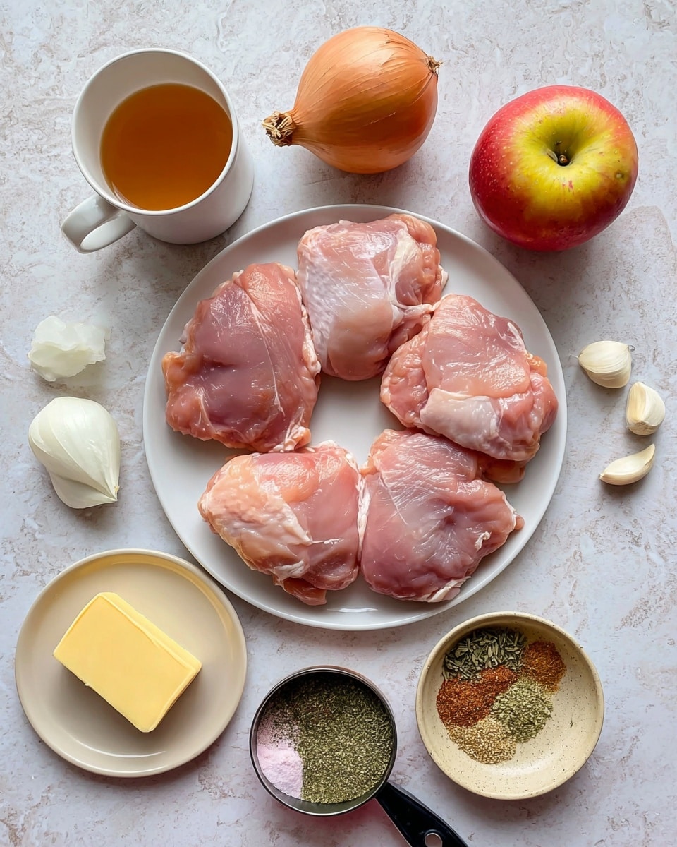 Four raw pink chicken thighs with some white fat are placed on a white round plate in the center of the image. Around the plate, there are small bowls and pieces of ingredients arranged on a white marbled surface: at the top left, a white cup filled with amber liquid; at the top right, a red and yellow apple; to the right, three white garlic cloves and a small clear bowl of white powder. Below the plate, an orange-yellow onion and a black measuring cup with light brown liquid inside are visible. To the bottom left, a small white plate holds a bright yellow block of butter, and next to it, a small beige bowl contains mixed herbs and spices with visible green, black, and pink powders. The overall layout is neat and evenly spaced, with natural lighting. photo taken with an iphone --ar 4:5 --v 7