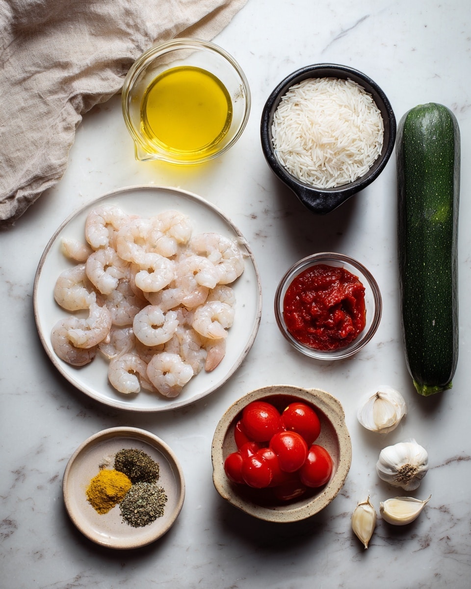 A collection of raw ingredients arranged on a white marbled surface: in the center, a white plate holds a single layer of pale pink shrimp with translucent texture; above it is a carton of chicken bone broth with blue, yellow, and brown colors; to the right of the shrimp plate, a whole dark green zucchini lies horizontally, and a small clear glass bowl with chunky red tomato paste is near the zucchini; above tomato paste is a black measuring cup filled with white rice piled high; to the left of the shrimp plate, a small glass bowl contains a golden yellow liquid, and next to it is a black measuring cup filled with halved cherry tomatoes showing bright red and glossy textures; near the bottom right, three peeled garlic cloves are placed beside a small round beige dish with various dried herbs and spices in separate sections, featuring dark green, light pink, black, and rusty red colors; a wrinkled beige cloth is partially visible on the upper left edge. Photo taken with an iphone --ar 4:5 --v 7