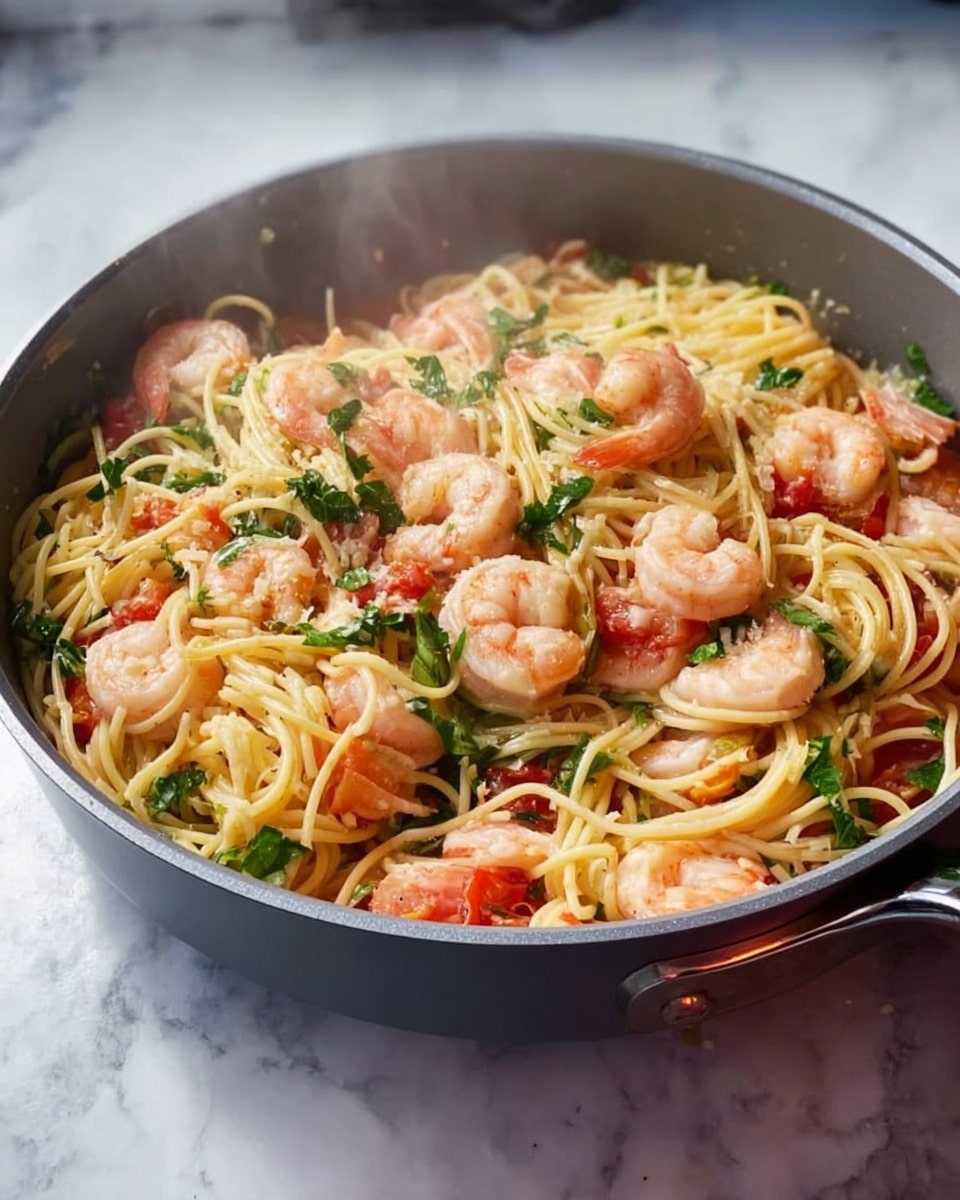 This image shows a large gray pan filled with spaghetti pasta mixed with shrimp and small pieces of tomato. The spaghetti is light yellow and long, filling most of the pan. Around the pasta, there are many pink shrimp, slightly curled, evenly spread on top and within the spaghetti. There are also green herbs scattered on top, adding a fresh touch. The pan sits on a white marbled surface with subtle steam rising from the food, showing it is hot and freshly cooked. Photo taken with an iphone --ar 4:5 --v 7