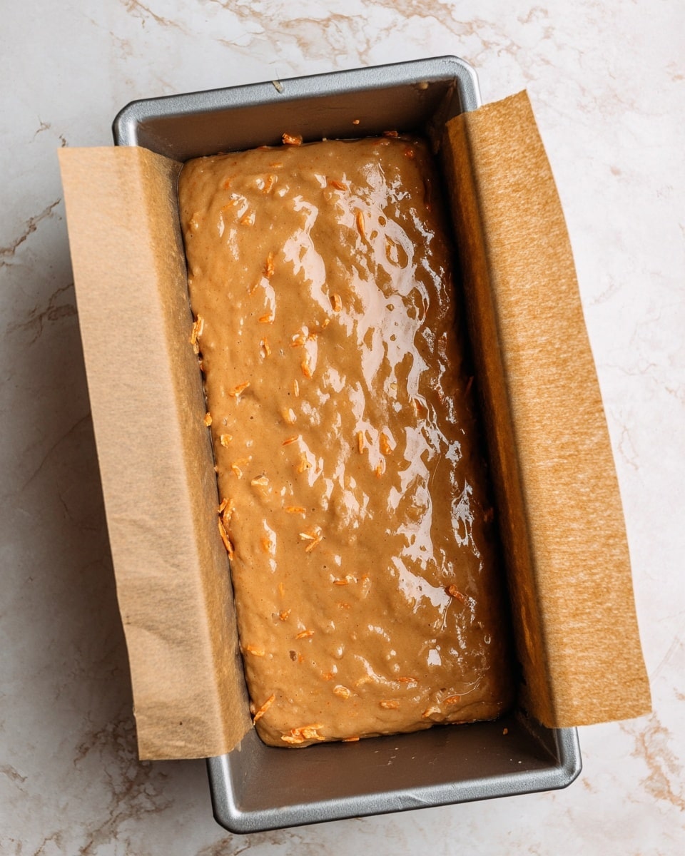 A close-up view of a silver rectangular loaf pan lined with brown parchment paper on the shorter sides. Inside the pan is a single thick layer of light brown batter with visible small orange shreds mixed throughout, creating a smooth and slightly glossy surface with soft texture. The pan is placed on a white marbled surface. Photo taken with an iphone --ar 4:5 --v 7