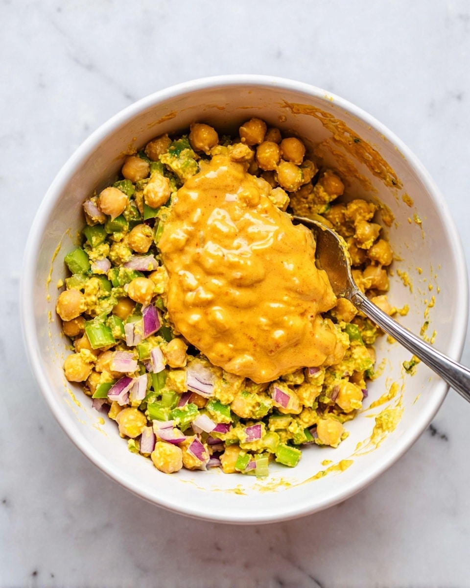 A white bowl filled with a chopped yellow chickpea mixture that includes small pieces of green celery and red onion spread evenly. On top, there is a thick, creamy, orange-yellow sauce covering the center of the mixture. A silver spoon rests inside the bowl on the right side, partially dipped in the mixture. The bowl is placed on a white marbled surface. photo taken with an iphone --ar 4:5 --v 7