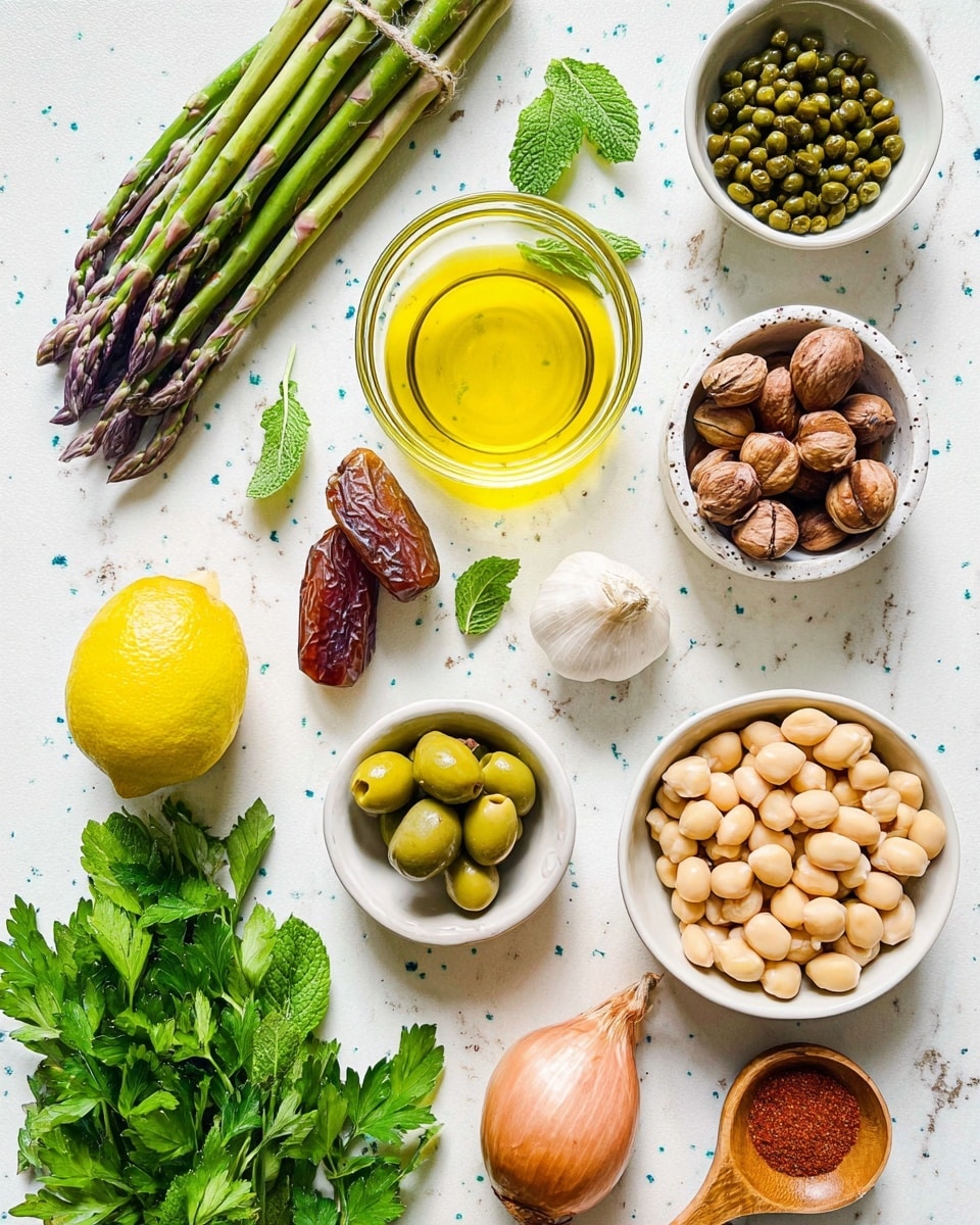 The image shows an overhead view of fresh cooking ingredients arranged neatly on a white marbled surface with small blue specks. In the top left, there is a bundle of green asparagus spears with purple tips. Near the center top is a clear glass container filled with yellow olive oil. To the right of the olive oil is a small white bowl holding green capers. Below that, a small wooden bowl contains brown hazelnuts. In the middle left, a whole bright yellow lemon sits next to two brown dates placed in a white bowl. A small garlic clove is near the middle center. Below that is a white bowl filled with halved green olives. At the bottom center is a single light brown shallot. A bunch of fresh green parsley and mint leaves are arranged on the left and right bottom corners. A small wooden bowl with a wooden spoon holds a red spice powder near the parsley. At the bottom right, a white bowl is filled with large beige beans. The scene is bright and clean, with clear, vibrant colors. photo taken with an iphone --ar 4:5 --v 7
