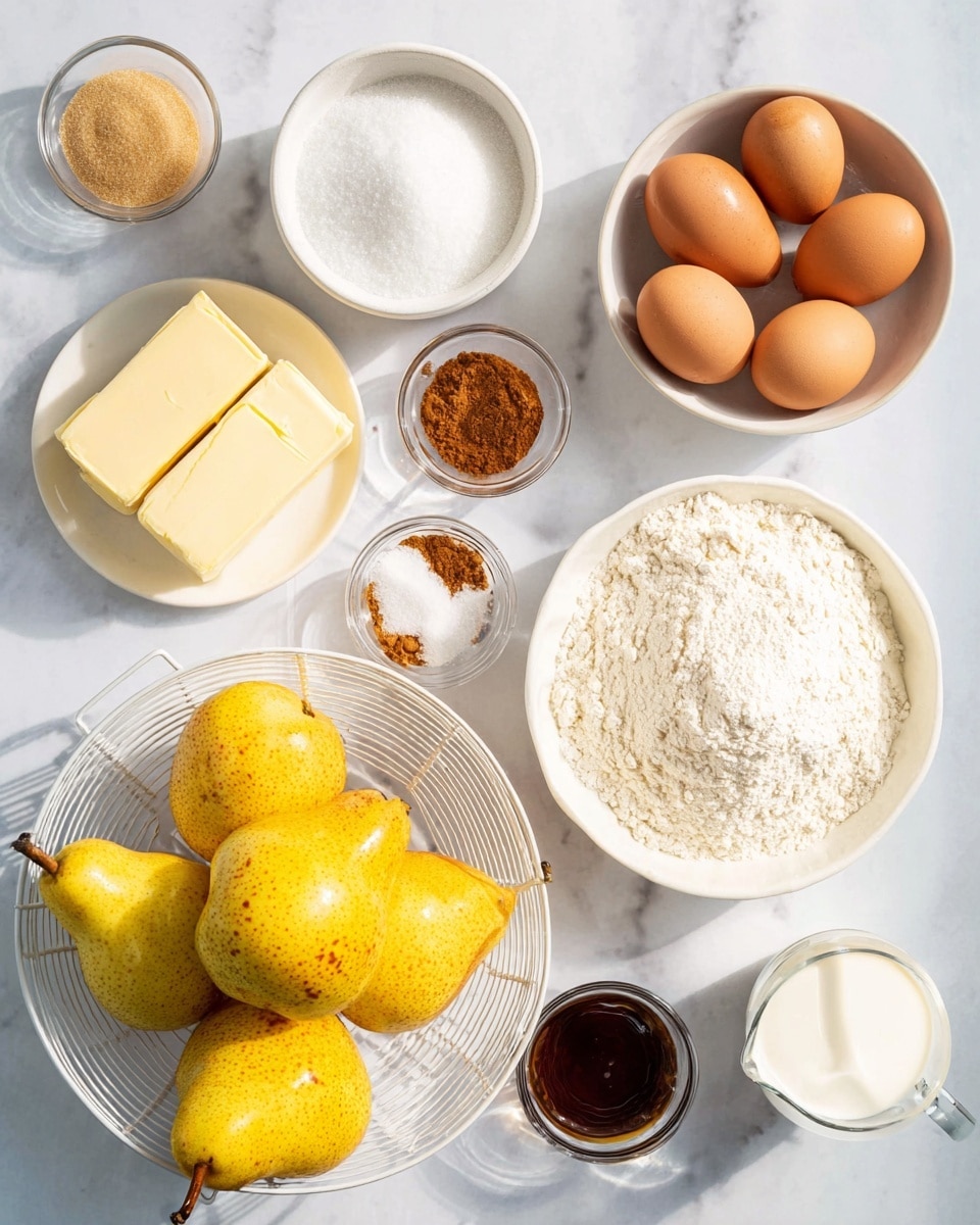 The image shows a flat layout of baking ingredients on a white marbled surface. There are four bright yellow pears with small brown spots resting in a white round wire basket at the bottom left. Near the basket, two sticks of pale yellow unsalted butter lie horizontally. Above the butter, a white bowl is filled with granulated white sugar. Next to the sugar is a small bowl of light brown sugar. At the top right, four brown eggs sit in a white bowl with a subtle pattern inside. To the right of the brown sugar is a white bowl with flour, showing a slight depression in the center. Around the flour bowl are spots of small clear glass bowls containing white powder (likely baking powder), brown spice (likely cinnamon), and pink salt. At the bottom right, a small glass jug holds a white liquid, likely milk or cream, and next to it is a small glass bowl with a dark liquid, possibly vanilla extract. The lighting is bright and natural, giving a soft shadow around each item, photo taken with an iphone --ar 4:5 --v 7