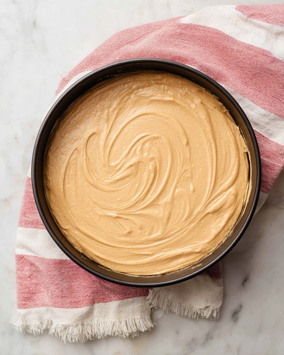 A round black baking pan filled with a single layer of smooth, light brown cake batter that has swirled patterns on the surface. The pan is placed on a white marbled surface with a pink and white striped cloth with fringes on the right side. Photo taken with an iphone --ar 4:5 --v 7