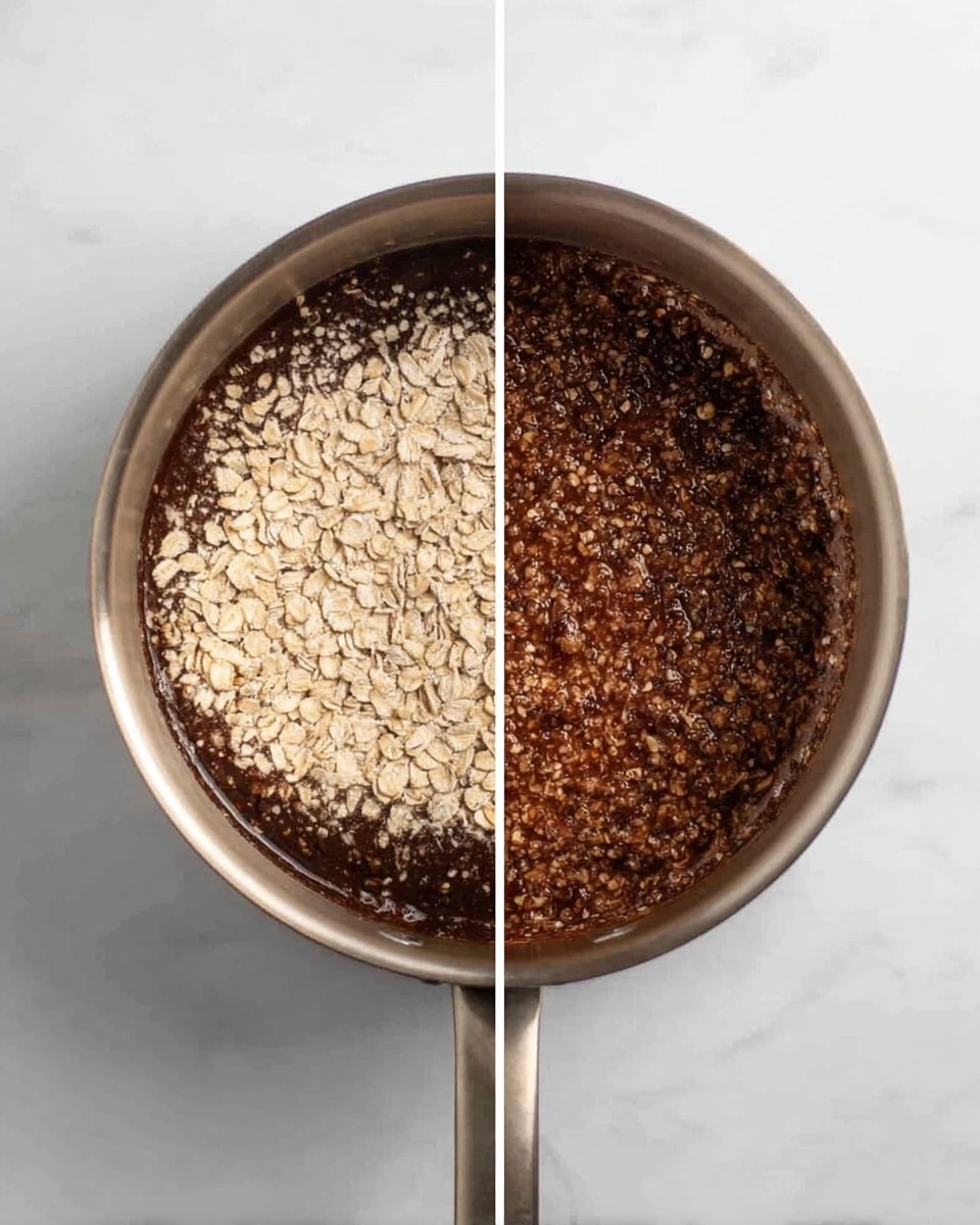 Two side-by-side images show a metal saucepan on a white marbled surface. The left image has two layers inside the saucepan: a bottom layer of dark brown thick mixture and a top layer of pale beige oats scattered unevenly. The right image shows the same saucepan with one mixed layer that is dark brown with oat bits visible, creating a textured, thick, and slightly shiny surface. Photo taken with an iphone --ar 4:5 --v 7