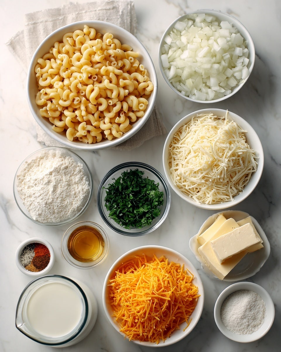 The image shows several small white bowls and a glass cup arranged on a white marbled surface, each filled with different ingredients for a vegan macaroni dish. One large white bowl is full of uncooked elbow macaroni, creamy yellow in color with a smooth texture. Next to it, four separate sections of shredded vegan cheeses in one white bowl: white vegan parmesan cheese, pale yellow vegan mozzarella cheese, and two piles of shredded vegan sharp cheddar cheese in bright orange shades. A small glass bowl holds chopped green parsley, placed centrally. Another white bowl contains finely diced white onion. Nearby, there is a mound of white flour in a small bowl, a few thick cubes of pale yellow vegan butter in another bowl, and a small white bowl of oil with a shiny golden color. Additional small bowls contain white tapioca starch and a mix of seasonings with textures ranging from fine powders in light tan, white, black, and reddish shades. A glass cup holds white plant-based milk. All these items are neatly arranged to show each ingredient clearly. Photo taken with an iphone --ar 4:5 --v 7