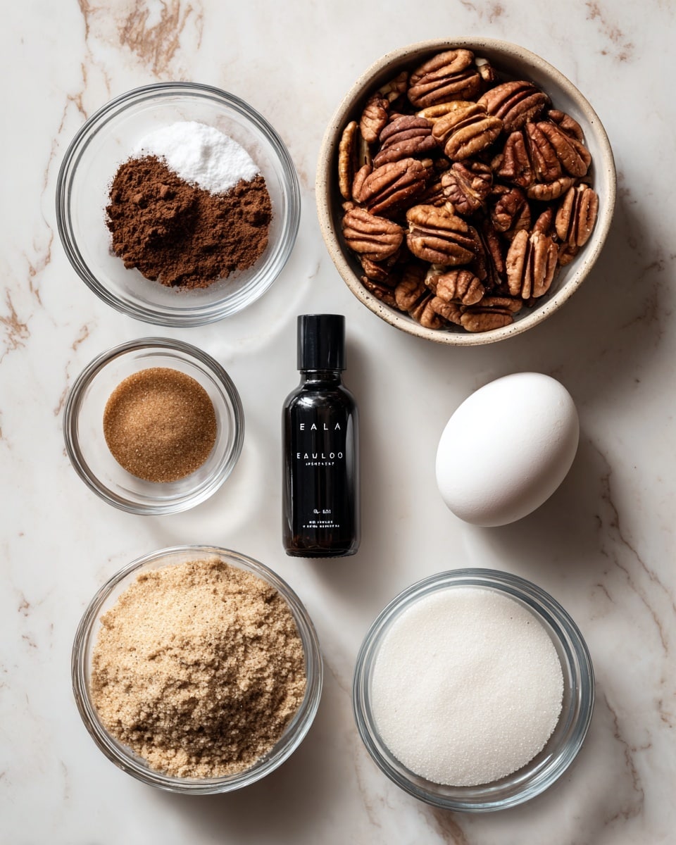 The image shows six clear glass bowls and one black bottle arranged on a white marbled surface. The top left bowl holds dark brown cinnamon powder mixed with white salt and nutmeg. To the right, a larger bowl is full of brown pecan halves. Below the spice bowl is a small black bottle labeled vanilla extract. In the center is a single white egg sitting on the surface. Bottom left is a bowl of light brown sugar with a coarse texture, and beside it on the right is a bowl of fine, white granulated sugar. The items are neatly spaced and well lit. Photo taken with an iphone --ar 4:5 --v 7