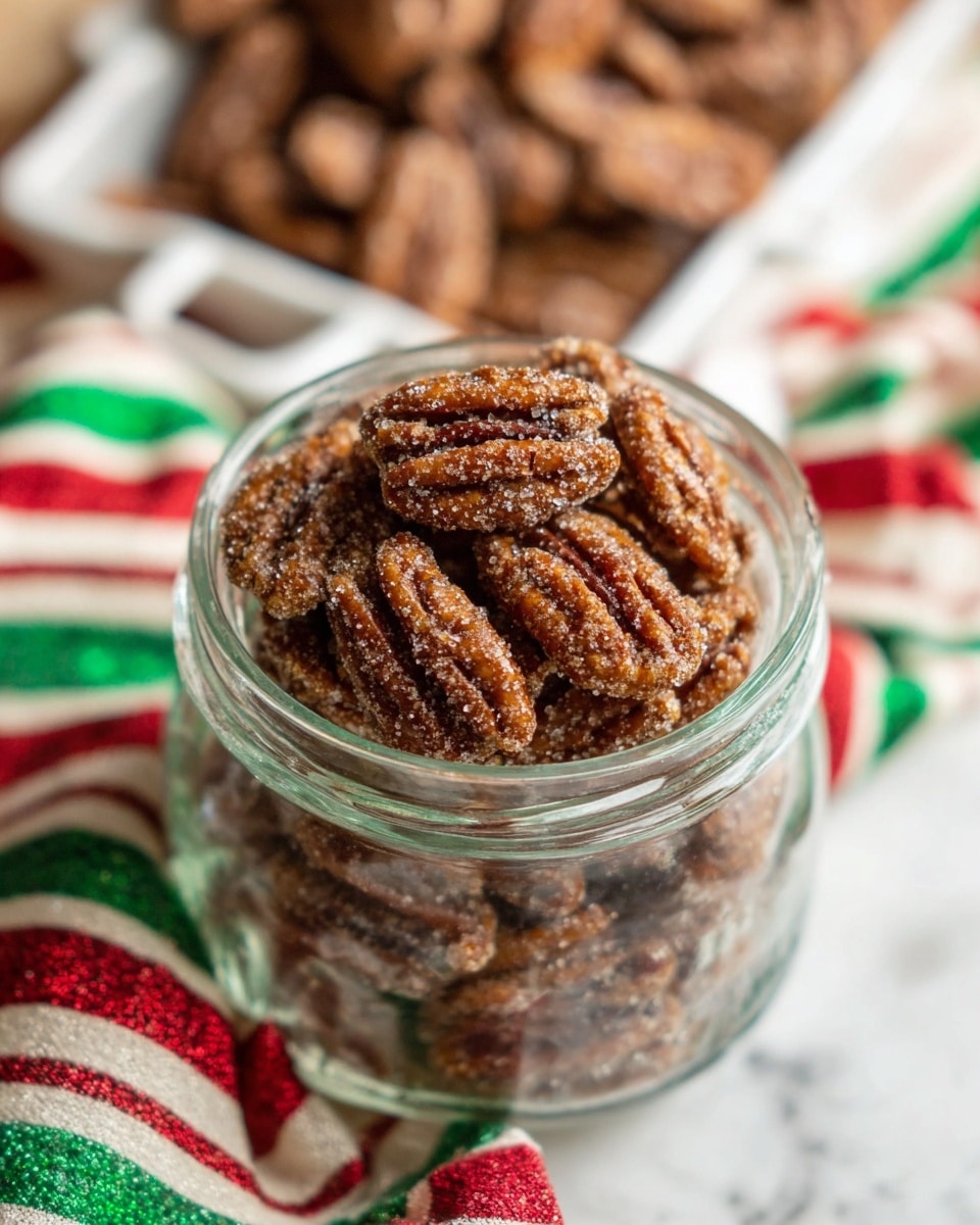 A clear glass jar is filled to the top with brown, textured pecans coated in a shiny layer of sugar and spices. The jar sits on a white marbled surface. In the background, there is a blurred white tray holding more of the sugared pecans and a soft-focus cloth with red, green, and white stripes. The image has a warm, cozy feel and the details of the pecans' rough texture are clear. photo taken with an iphone --ar 4:5 --v 7