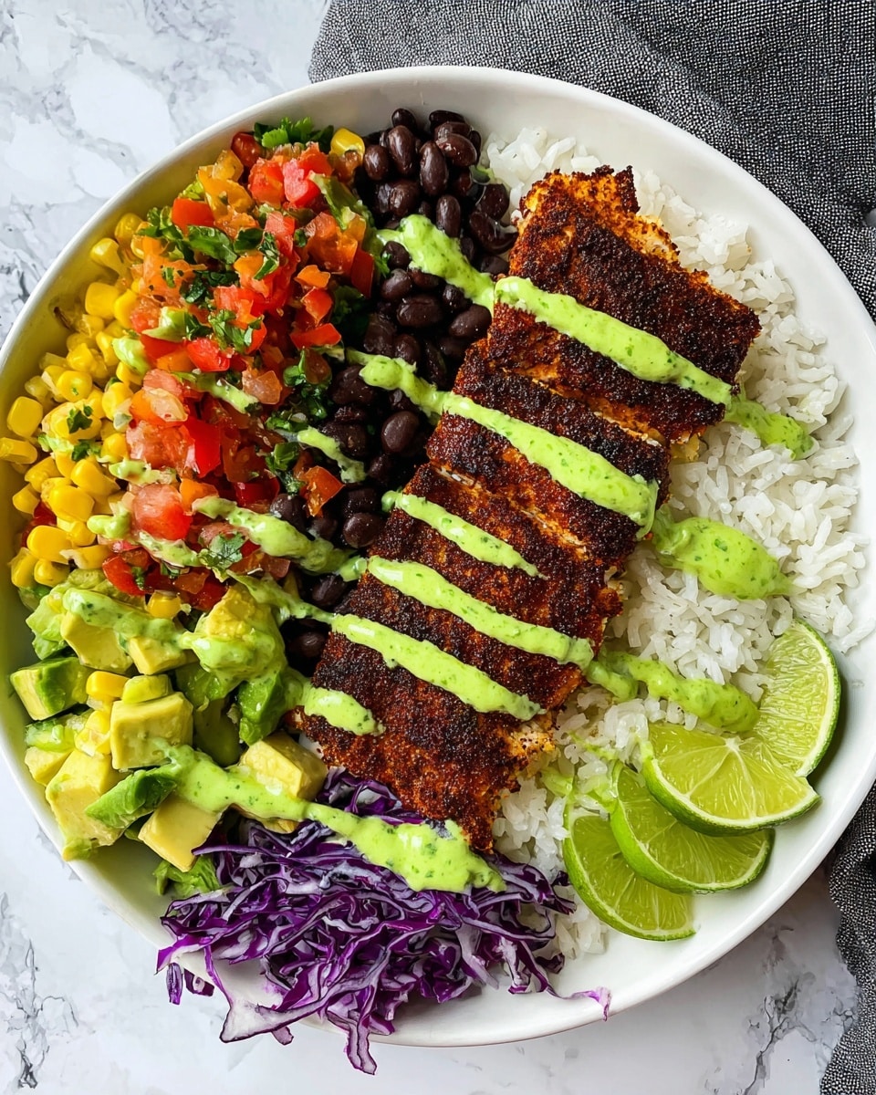 A white bowl holds a colorful meal with five main parts arranged in layers. At the center and bottom, there is a bed of white rice with a soft and fluffy texture. To the right, two thick pieces of dark brown, spice-coated cooked fish with a slightly crispy surface are placed side by side. Above the rice and fish is a bright mix of black beans, yellow corn, diced red tomatoes, and small bits of green herbs, creating a chunky and fresh salsa. At the bottom left, there are medium-sized green avocado cubes with a smooth, creamy look. Next to the avocado, shredded dark purple cabbage adds a crunchy texture. Bright green lime wedges sit at the bottom right corner. A vivid light green sauce is drizzled generously across the entire dish in thin, curving lines. The bowl is set on a white marbled surface with a gray cloth partially visible in the upper right corner. photo taken with an iphone --ar 4:5 --v 7