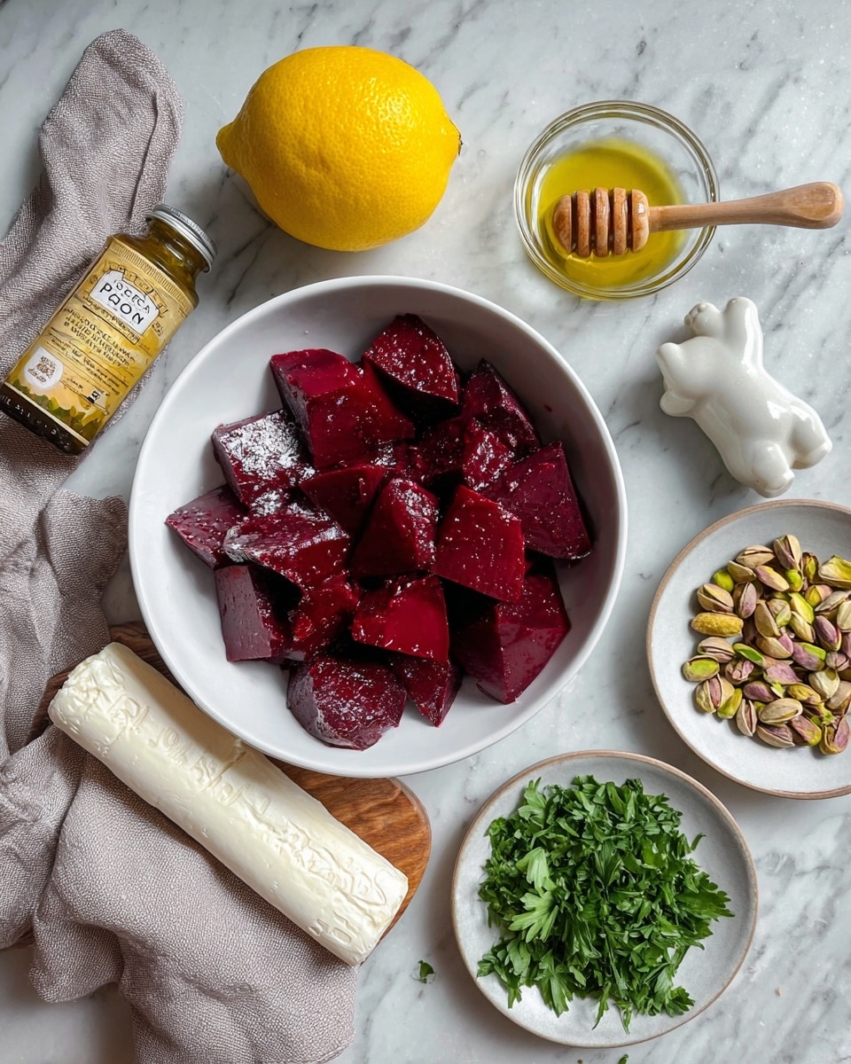 A white bowl filled with large, deep red beet chunks sits on a white marbled surface, surrounded by a whole bright yellow lemon, a white plate with fresh green parsley, a small white bowl of golden olive oil, a white plate with greenish-brown pistachio nuts, a single garlic clove, a wrapped log of Vermont Creamery goat cheese, and a honey bottle shaped like a bear with a white cap. A light gray cloth is casually placed near the beet bowl. Photo taken with an iphone --ar 4:5 --v 7