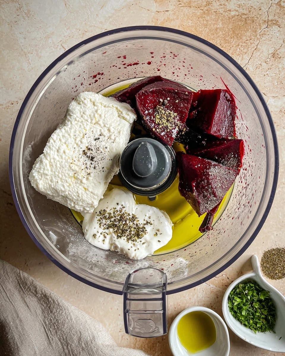 Inside a clear food processor bowl, there is one large white block of soft cheese positioned on the left side, with a smooth but slightly crumbly texture. To the right of the cheese, there are three dark red beet chunks, glossy and rich in color. Around these main pieces, small dollops of white creamy substance and yellow liquid, likely oil, are visible, all sprinkled with coarse black pepper and some granular white seasoning. The food processor rests on a beige surface with a neutral-colored cloth partially under it, and in the bottom right corner, there are small white bowls containing olive oil, fresh green herbs, and spices. photo taken with an iphone --ar 4:5 --v 7