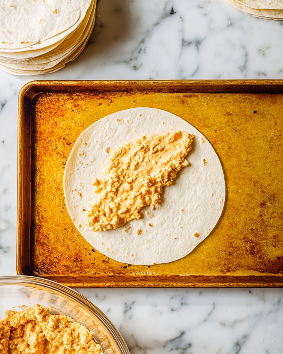 A single round white tortilla rests on the center of a rusty yellow rectangular baking tray, lying flat. On the lower half of the tortilla, there is a spread of creamy, orange-beige filling with a chunky texture. In the lower part of the image, part of a clear glass bowl filled with the same filling is visible. A stack of several white tortillas is placed on the top left corner on a white marbled surface. The photograph is taken from above with bright natural light, photo taken with an iphone --ar 4:5 --v 7