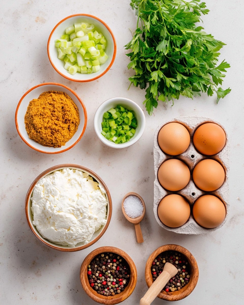 The image shows ingredients neatly arranged on a white marbled surface. In the bottom right, six brown eggs sit in a white ceramic egg holder, arranged in two vertical rows of three. To the left of the eggs, there is a small white bowl filled with a coarse grain mustard paste that is orange and yellow in color. Above that, fresh green parsley with many leaves lies loosely on the surface. Next to the parsley, a white bowl contains thick, white cottage cheese with a lumpy texture. Above this is a bowl with chopped celery, light green and white in small chunks, inside a white bowl with an orange rim. At the top center of the image, a small white bowl holds chopped green onions. To the right of the bowls, there are two wooden spice bowls: the top one with coarse white salt and a small wooden scoop sticking out, and the bottom one filled with multicolored whole peppercorns and a wooden pestle. photo taken with an iphone --ar 4:5 --v 7
