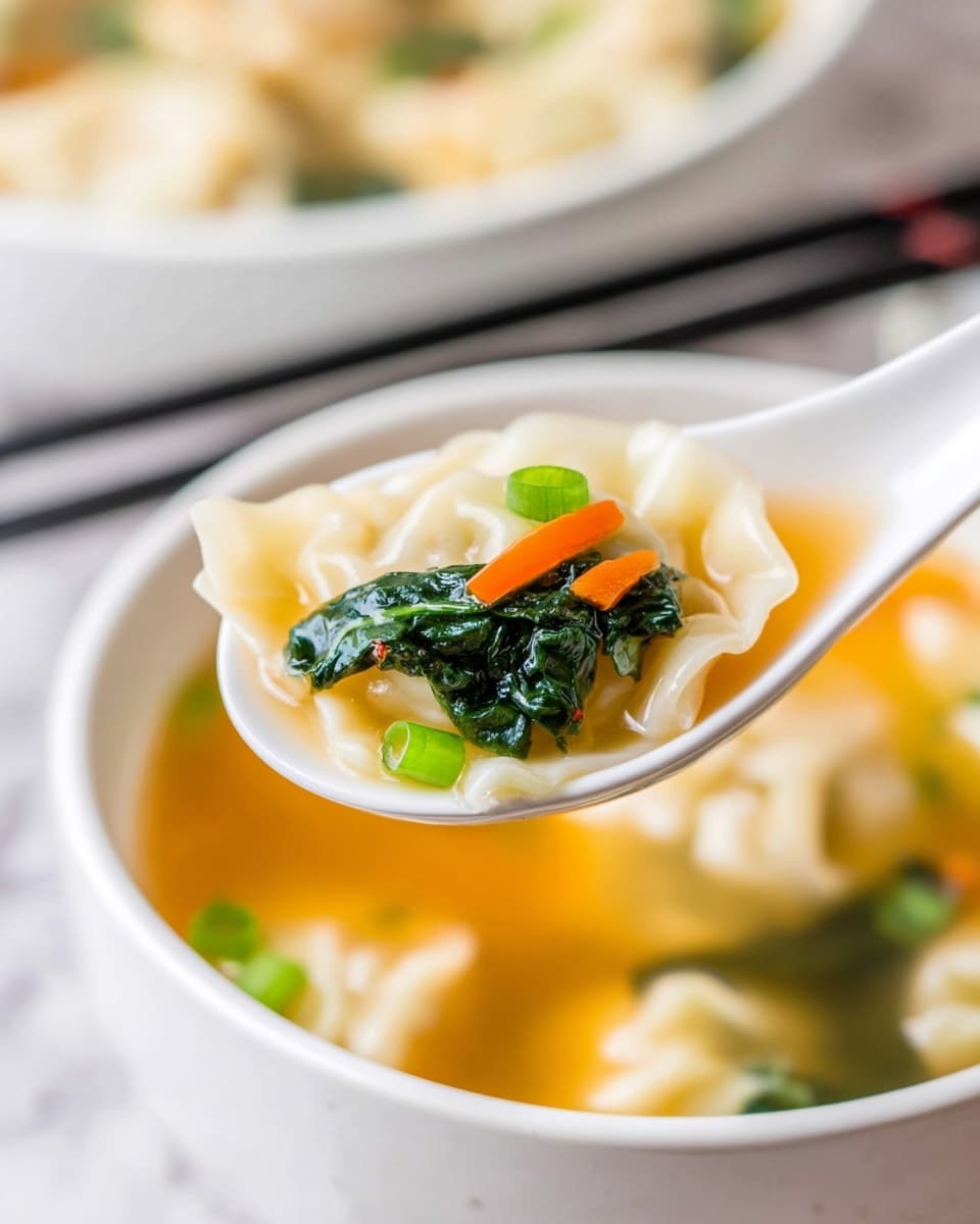The image shows a close-up of a white spoon holding one delicate dumpling in light broth. On top of the dumpling, there is a small bunch of dark green wilted spinach, bright green chopped spring onions, and a thin slice of orange carrot. The broth is clear with a warm golden yellow color, partially covering the dumpling, which has a smooth, slightly wrinkled texture. In the background, there is a white bowl filled with more dumplings and broth, placed on a white marbled surface with black chopsticks resting on the edge of the bowl. photo taken with an iphone --ar 4:5 --v 7