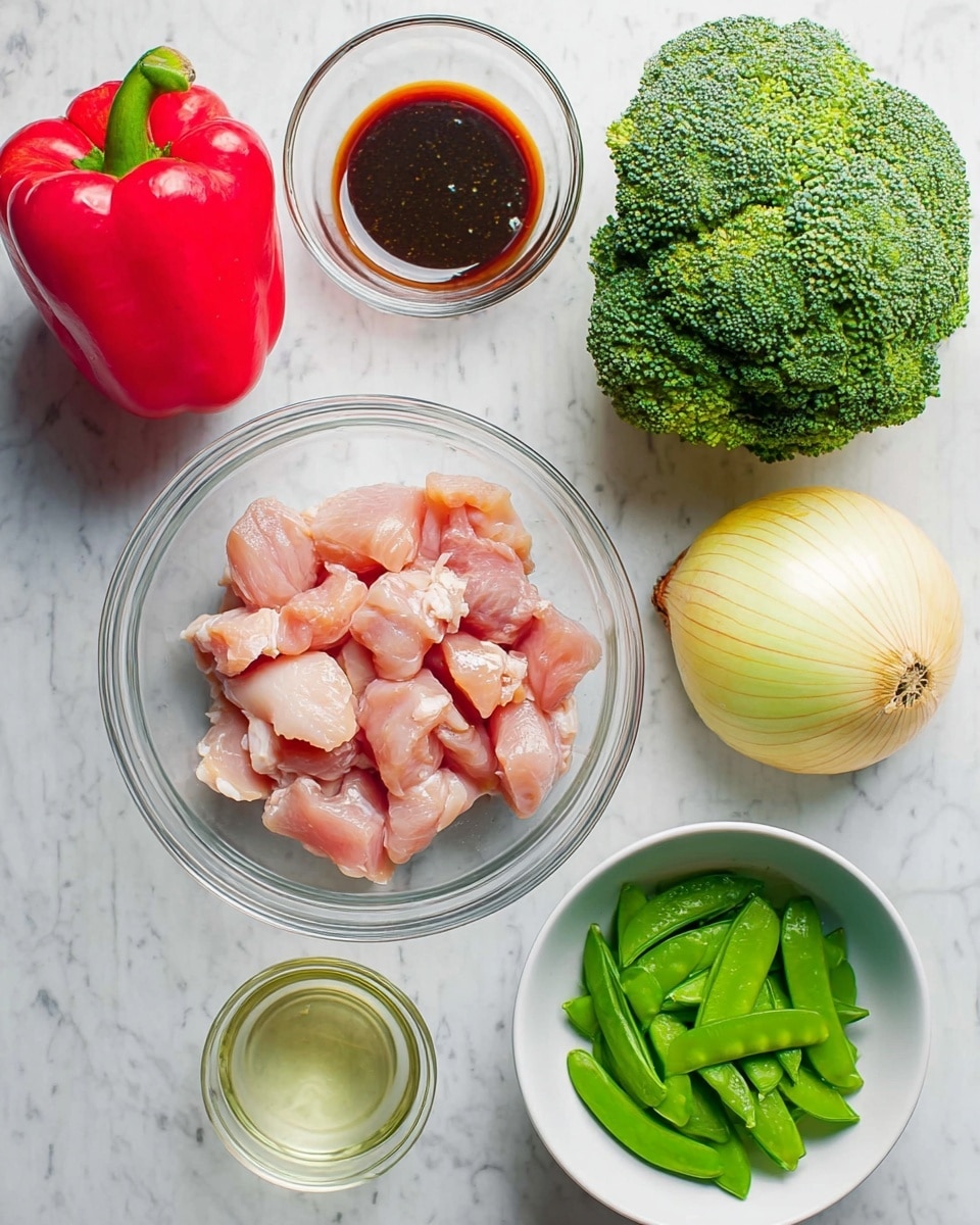A clear glass bowl filled with small pieces of raw chicken sits on a white marbled surface. Above the bowl is a small glass bowl with dark brown sauce. To the left is a bright red bell pepper, and to the right is a fresh green broccoli head. Below the broccoli is a whole yellow onion, and at the bottom right, there is a white bowl filled with green snap peas. At the bottom left, another small glass bowl contains a clear liquid. photo taken with an iphone --ar 4:5 --v 7