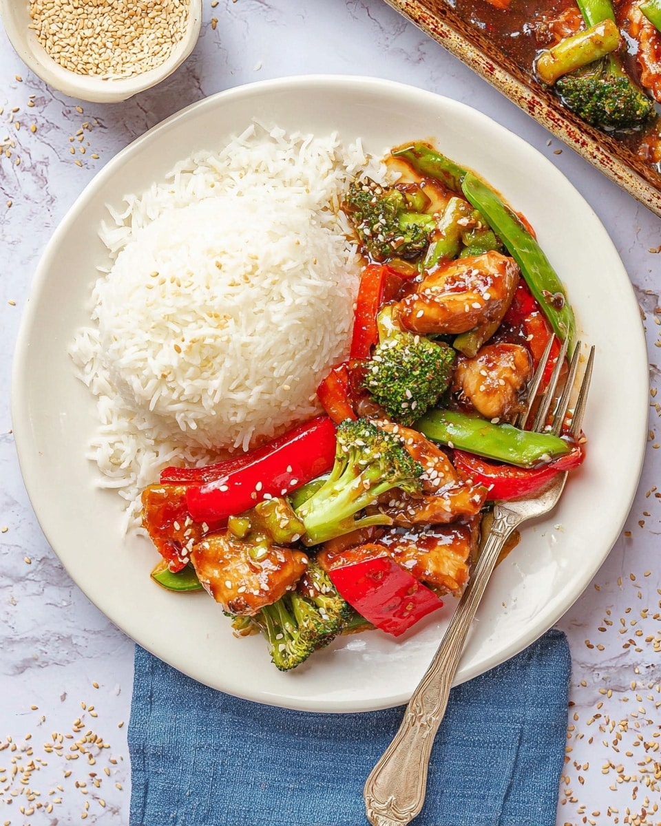 The dish is served on a white plate, with one half filled with a neat mound of plain white rice showing a soft, slightly sticky texture. The other half has a colorful stir-fry mix, including bright red bell pepper pieces, green snap peas, green broccoli florets, and chunks of light brown chicken, all coated in a shiny, rich brown sauce with visible sesame seeds sprinkled on top. The stir-fry ingredients are arranged closely together, creating a vibrant contrast against the white rice. A vintage silver fork rests at the bottom edge of the plate, placed on a blue cloth napkin. The background is a white marbled surface with scattered sesame seeds and parts of a baking tray and small bowl visible around the plate. Photo taken with an iphone --ar 4:5 --v 7