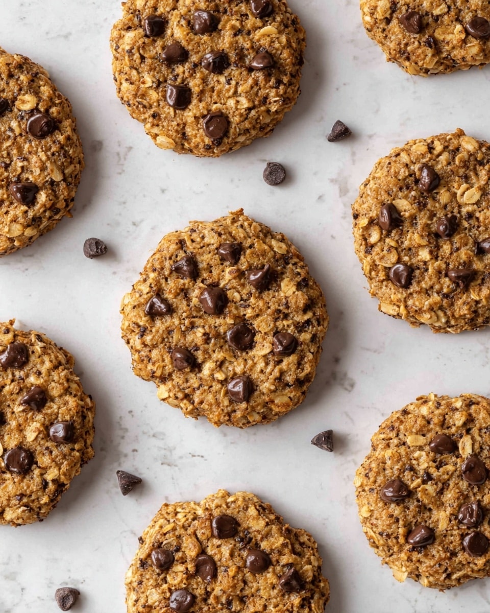 A basket lined with brown parchment paper holds about ten round oatmeal chocolate chip cookies, each cookie showing a mix of light golden and beige oats with scattered dark brown chocolate chips on top. The basket is placed on a white marbled surface. Around the basket are small wooden bowls filled with oats and chocolate chips, a ripe yellow banana is positioned at the top right, and a glass of milk is visible on the left side. Two cookies lay outside the basket at the bottom, showing their textured oat surface and chocolate chips clearly. The scene has a warm, cozy feel with natural light coming from the top left. photo taken with an iphone --ar 4:5 --v 7