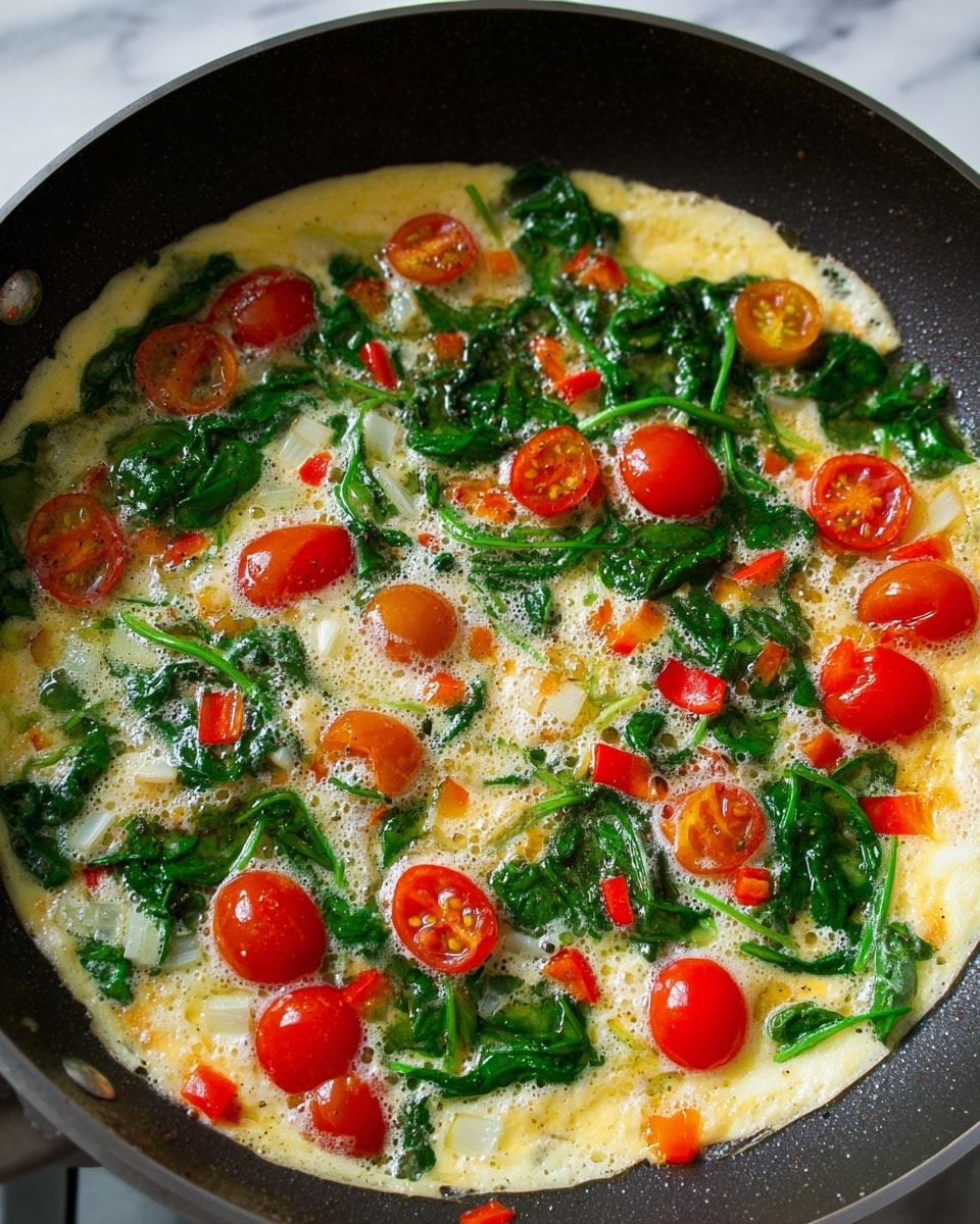 The image shows a close-up of a cooking pan with a thin omelette base that is light yellow and slightly bubbly. On top of the omelette, there are evenly spread bright green spinach leaves, halved red cherry tomatoes, thin round slices of pale yellow leek, and small pieces of red bell pepper scattered all over. The vegetables look fresh and colorful, sitting on the smooth omelette surface with some bubbles of cooking oil giving a shiny texture. The pan is dark with a soft, smooth non-stick surface beneath the food. The background is a white marbled texture. Photo taken with an iphone --ar 4:5 --v 7