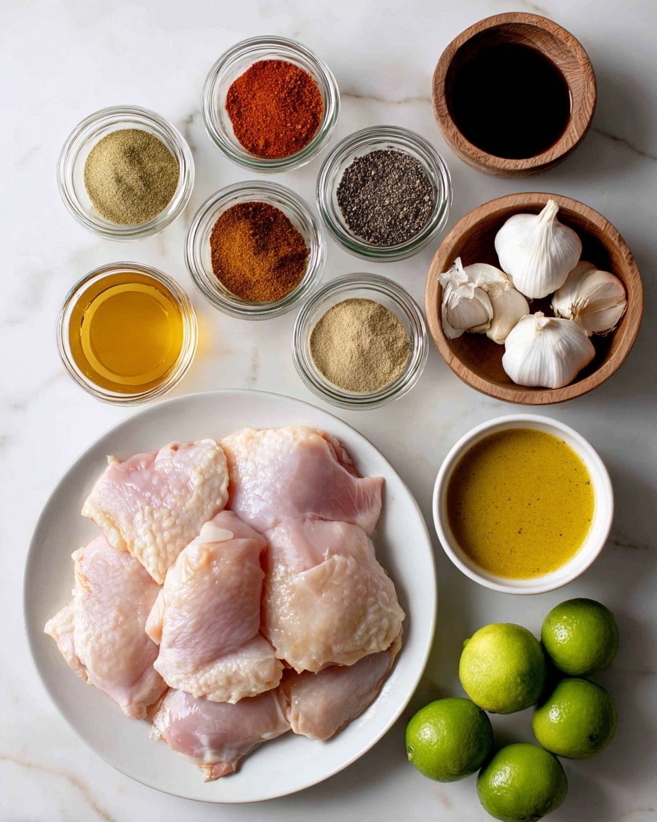 A top-down view of various cooking ingredients arranged neatly on a white marbled surface. In the center bottom, there is a white plate filled with raw chicken thighs, light pink in color with smooth texture, placed side by side forming a circular shape. Above the chicken plate, from left to right, are five small glass jars with metal lids containing dried oregano, smoked paprika, regular paprika, cumin, and coriander, each with distinct colors from green to reddish-brown and tan. To the left of these jars is a small white bowl filled with light golden honey, and to the right is a small wooden bowl with a yellow mustard sauce labeled Aji Amarillo. Above them, there is a row with a wooden bowl holding several garlic cloves, two glass jars with black peppercorns and kosher salt, a white bowl filled with golden olive oil, and three fresh green limes clustered together. A small white bowl of dark soy sauce is placed in the upper left corner. Each item is clearly visible and arranged in an organized manner. photo taken with an iphone --ar 4:5 --v 7