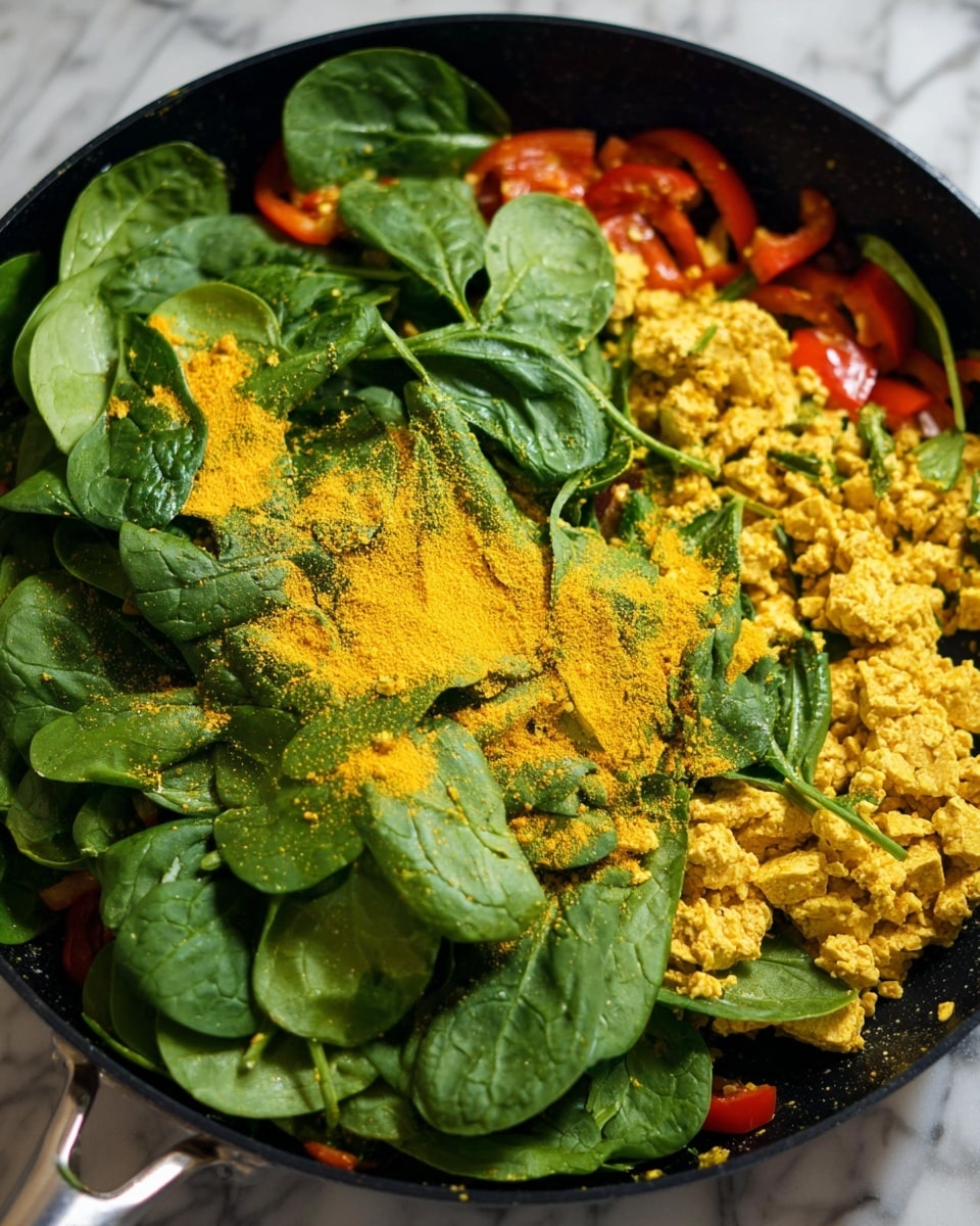 A close-up view of a cooking pan filled with three main layers: the bottom layer is a mix of chopped red bell peppers and yellow scrambled tofu with a crumbly texture, scattered evenly across the pan; the middle layer is a fresh bunch of dark green spinach leaves spread loosely over the tofu and peppers; and the top layer is a light dusting of bright yellow powder sprinkled mainly on the spinach leaves, creating small patches of vibrant contrast. The pan is black with a metallic handle, placed on a white marbled surface. photo taken with an iphone --ar 4:5 --v 7