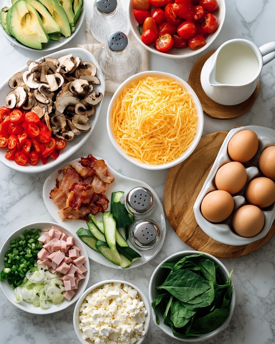 The image shows many fresh ingredients neatly arranged on a white marbled surface. There is a white bowl filled with brown eggs in the center right, next to a small pitcher of milk on a wooden coaster and salt and black pepper shakers. Above the eggs is a white bowl heaping with bright shredded yellow cheese. On the left side, there are several white plates and bowls holding sliced avocado, green onions, cooked bacon pieces, red bell pepper, sliced mushrooms, fresh spinach leaves, cherry tomatoes, diced ham, crumbled white cheese, and a green zucchini. The colors are vibrant with reds, greens, browns, and yellows contrasting against the clean white dishes and marble background. photo taken with an iphone --ar 4:5 --v 7