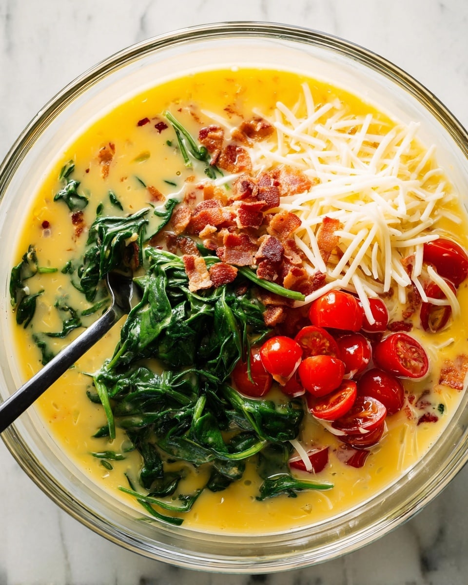 A clear glass bowl contains a mixture with four main sections visible in a yellow liquid base. One section has dark green spinach leaves with a soft texture at the bottom left. Another section shows small bright red cherry tomato halves on the right side. Above the tomatoes, there are thin white shredded cheese strips on the top right. Scattered between the tomatoes and cheese are small pieces of brown, crispy bacon. A black spoon is partially submerged on the left side of the bowl. The bowl rests on a white marbled surface. Photo taken with an iphone --ar 4:5 --v 7