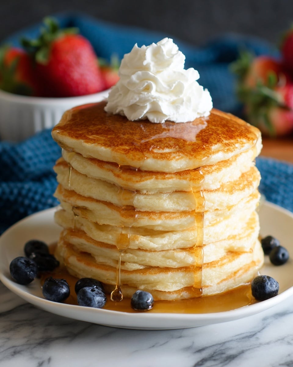 A stack of seven fluffy pancakes with a golden brown surface is placed on a white plate. Light amber syrup flows smoothly down the sides of each pancake, pooling slightly at the base. A swirl of white whipped cream sits on top of the stack, adding a soft texture contrast. Blueberries are scattered around the base of the plate, and in the background, there are blurred strawberries and more blueberries. The scene is set on a white marbled surface with a blue cloth underneath the plate. Photo taken with an iphone --ar 4:5 --v 7