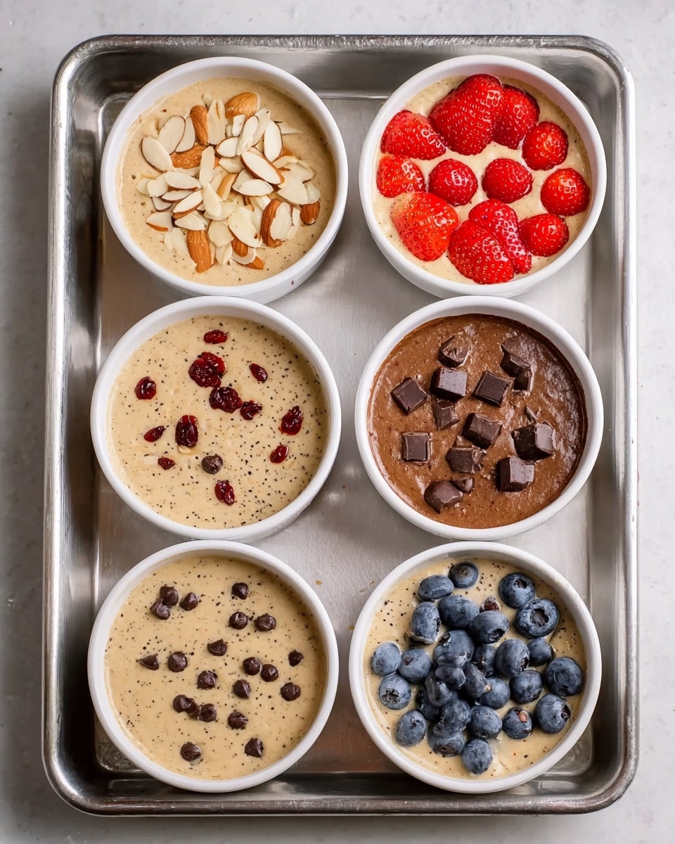 The image shows six small white bowls arranged on a silver tray with a white marbled surface background. Each bowl contains a different batter or dough. The top left bowl has a light tan batter with sliced almonds and dried cranberries on top. The top middle bowl holds a similar light batter with halved red strawberries spread evenly. The top right bowl is filled with chocolate batter and topped with large chocolate chunks. The bottom left bowl contains a light batter with small black poppy seeds scattered throughout. The bottom middle bowl has a tan batter with fresh blue blueberries spread over the surface. The bottom right bowl contains a light batter topped with semi-sweet chocolate chips. photo taken with an iphone --ar 4:5 --v 7