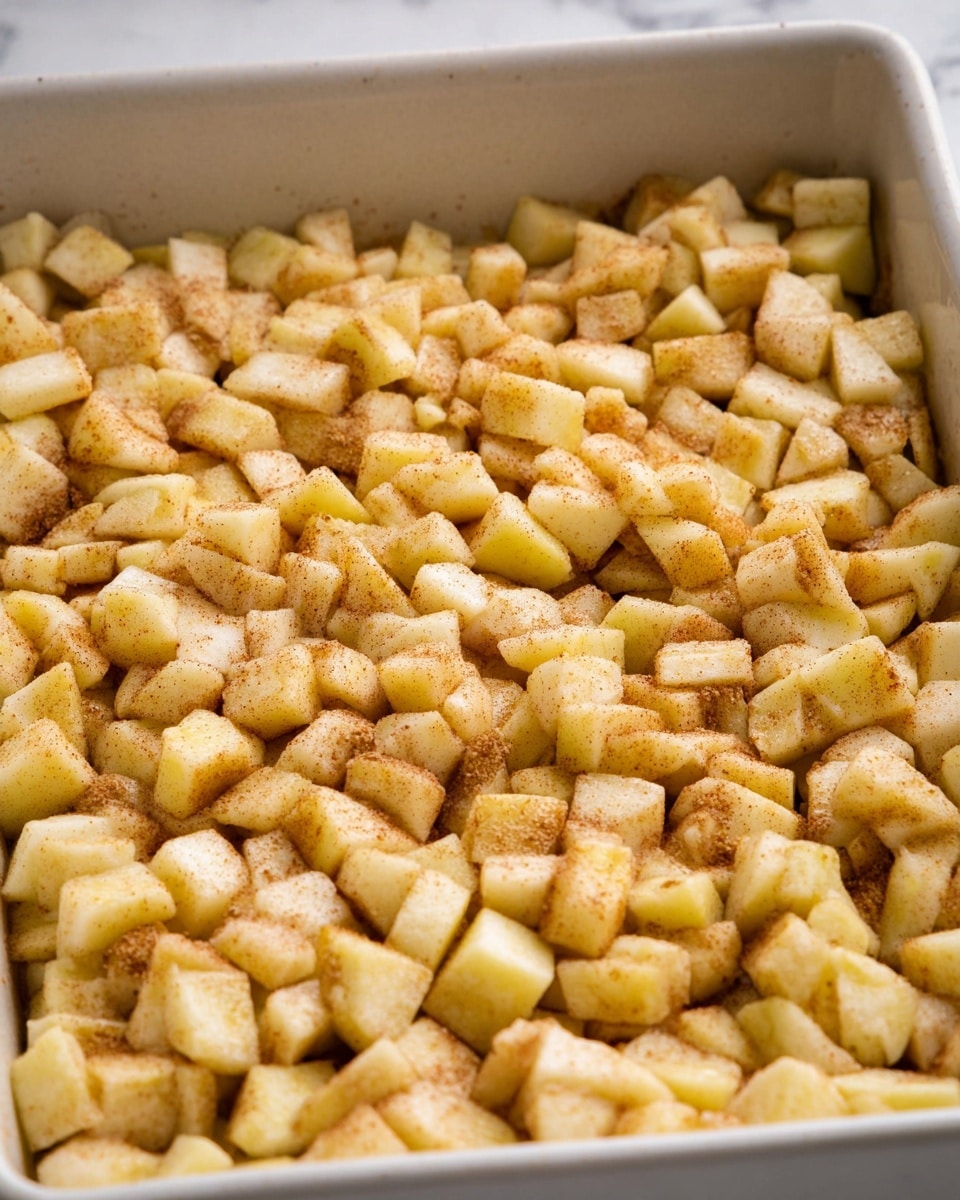 A close-up of a white rectangular baking dish filled with one layer of small, evenly chopped apple pieces. The apples are coated with a light dusting of cinnamon, giving them a soft, warm brown speckled appearance over their pale yellow color. The surface is slightly textured from the fruit pieces, filling the entire dish without gaps. The background shows a white marbled texture. photo taken with an iphone --ar 4:5 --v 7