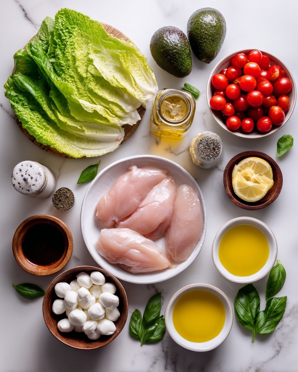 The image shows various fresh ingredients placed neatly on a white marbled surface. In the center, there is a white bowl filled with pale pink raw chicken breasts, smooth and moist in texture. To the upper right, a white bowl holds bright red grape tomatoes with a shiny skin, while next to it, two dark green avocados with rough skin rest directly on the surface. On the left, large green leaves of lettuce form a stack with a slightly wrinkled texture. Below the lettuce, a small wooden bowl contains small, soft white fresh mozzarella balls. A small dark wooden bowl beside it holds two garlic cloves, smooth and white. Nearby, a smaller dark wooden bowl holds a dollop of pale yellow Dijon mustard. A clear pepper grinder with black and white pepper is positioned to the left of the chicken. At the bottom right side, three small white bowls contain golden honey, bright yellow olive oil, and dark brown balsamic vinegar respectively. Fresh green basil leaves with visible veins are next to half a lemon with bright yellow skin and a juicy interior showing small seeds. A small jar of Italian seasoning with green dried herbs is seen to the upper right of the chicken. The layout is bright, clean, and inviting with all items clearly visible and well spaced, photo taken with an iphone --ar 4:5 --v 7