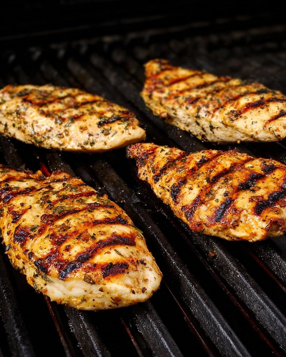 Four pieces of grilled chicken are shown close-up on black grill bars. The chicken pieces have a light golden-brown color with dark grill marks running parallel across each piece. They have a slightly textured surface with herbs sprinkled and some charred spots from grilling. The background is dark, emphasizing the chicken on the grill. Photo taken with an iphone --ar 4:5 --v 7