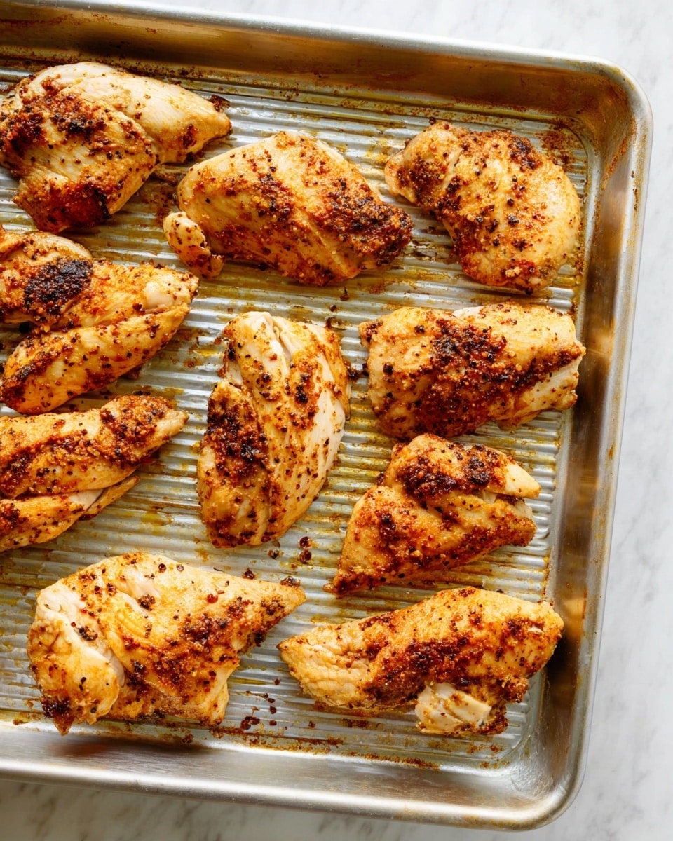 The image shows a metal baking tray filled with ten cooked chicken pieces, arranged in a slightly scattered manner. Each chicken piece is light golden brown with a peppery, slightly charred texture and visible seasoning. The tray has ridged grooves, and there are small browned spots and cooked juice marks around the chicken pieces. The scene is set on a white marbled surface. photo taken with an iphone --ar 4:5 --v 7