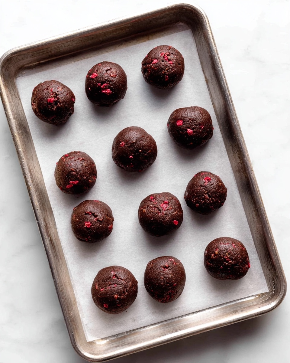 A metal baking tray lined with white parchment paper holds eight dark brown cookie dough balls, each with small red bits inside. The dough balls are round but one is slightly flattened, and they are spaced evenly across the tray. The tray sits on a white marbled surface. photo taken with an iphone --ar 4:5 --v 7