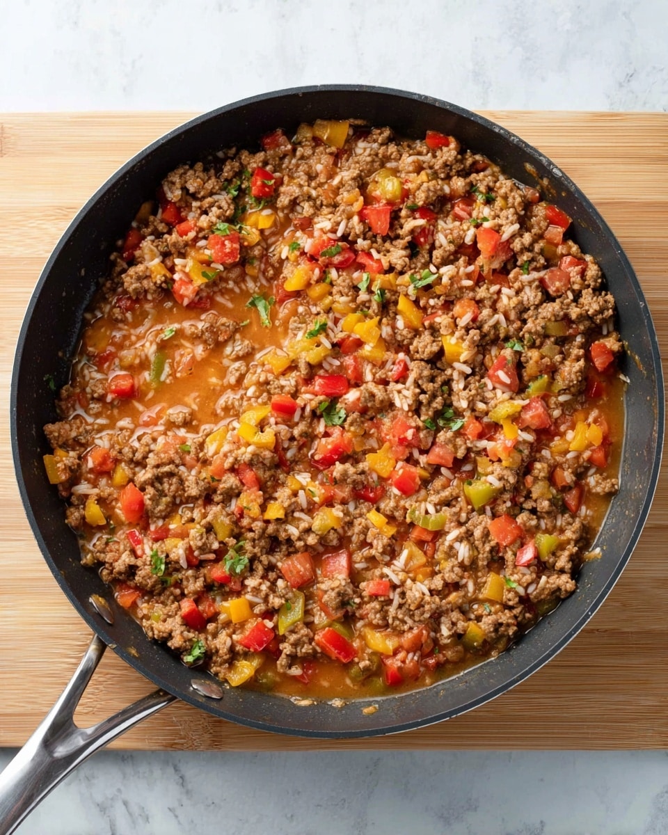 A black pan filled with a cooked mix of ground meat, white rice, and diced vegetables including red and yellow bell peppers and tomatoes. The mixture has a soft, slightly wet texture with visible small chunks of meat and colorful vegetables spread evenly throughout. The pan is placed on a light wooden cutting board on a white marbled surface. The pan handle is metal and extends to the left side of the image. Photo taken with an iphone --ar 4:5 --v 7