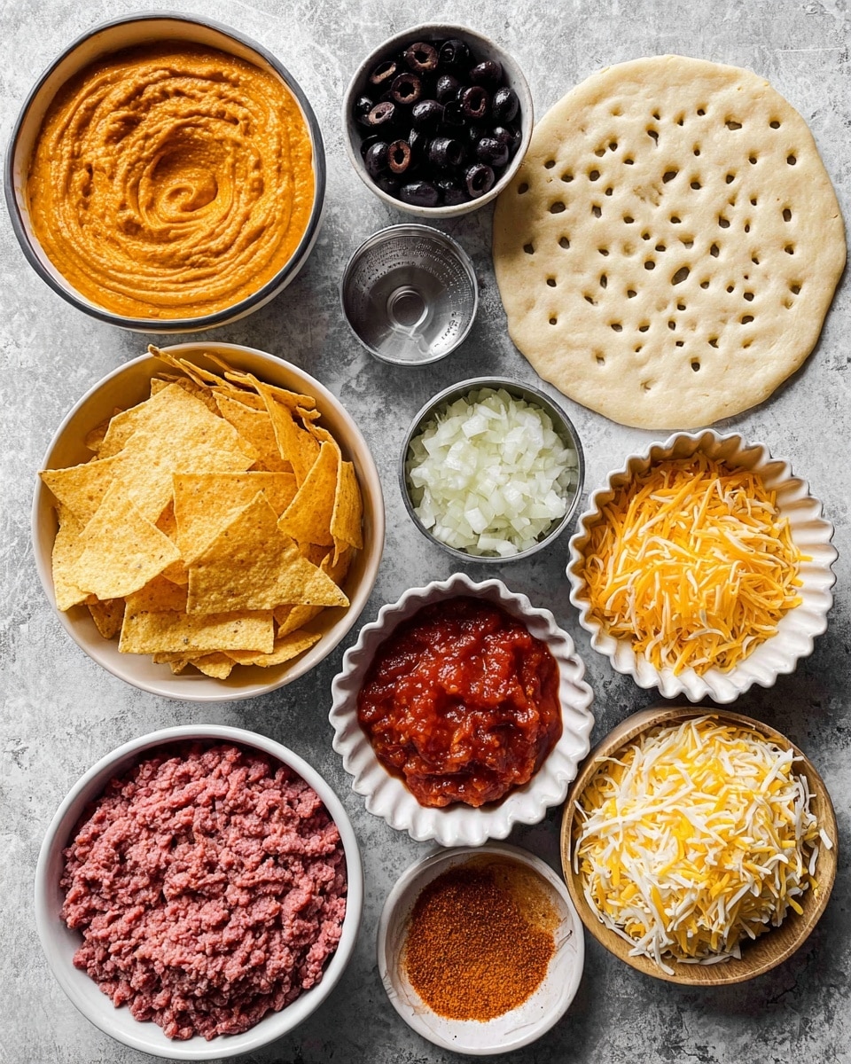 The image shows a white marbled surface with several small white bowls arranged neatly, each holding different ingredients. There is a whole pizza crust, pale beige with holes, positioned in the top right. Starting from the top left, there is a bowl filled with a smooth orange-colored sauce with a swirl pattern on its surface. Below that, a bowl contains shiny black olive slices. To the right of the olives, a metal measuring cup is placed next to a small bowl filled with finely chopped white onions. Below the measuring cup, a small white scalloped bowl holds chunky red salsa. In the center, a larger bowl is filled with broken yellow tortilla chips. At the bottom left, there is a bowl with raw ground beef showing a rich pink color. To the right, a larger bowl contains two kinds of shredded cheese, one yellow and the other white, mixed together. On the far right, a small shallow dish holds an orange-red spice blend. photo taken with an iphone --ar 4:5 --v 7