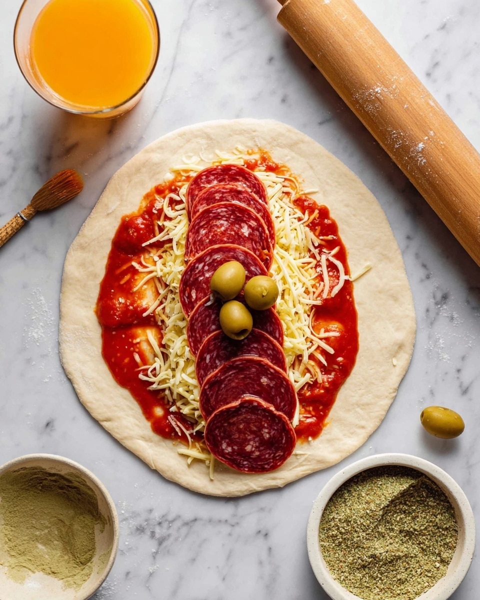 A round pizza dough is laid flat on a white marbled surface. In the center, there are several layers starting from a layer of red tomato sauce, then a layer of light yellow shredded cheese. On top of the cheese, there is a row of overlapping dark red pepperoni slices arranged in an oval shape. On top of the pepperoni, there are several green whole olives, one of which is sliced to show the inside. Around the dough, there is a clear glass cup with orange liquid, a small white bowl with a green inside filled with a dry greenish seasoning mix, a wooden rolling pin, and a wooden brush. photo taken with an iphone --ar 4:5 --v 7