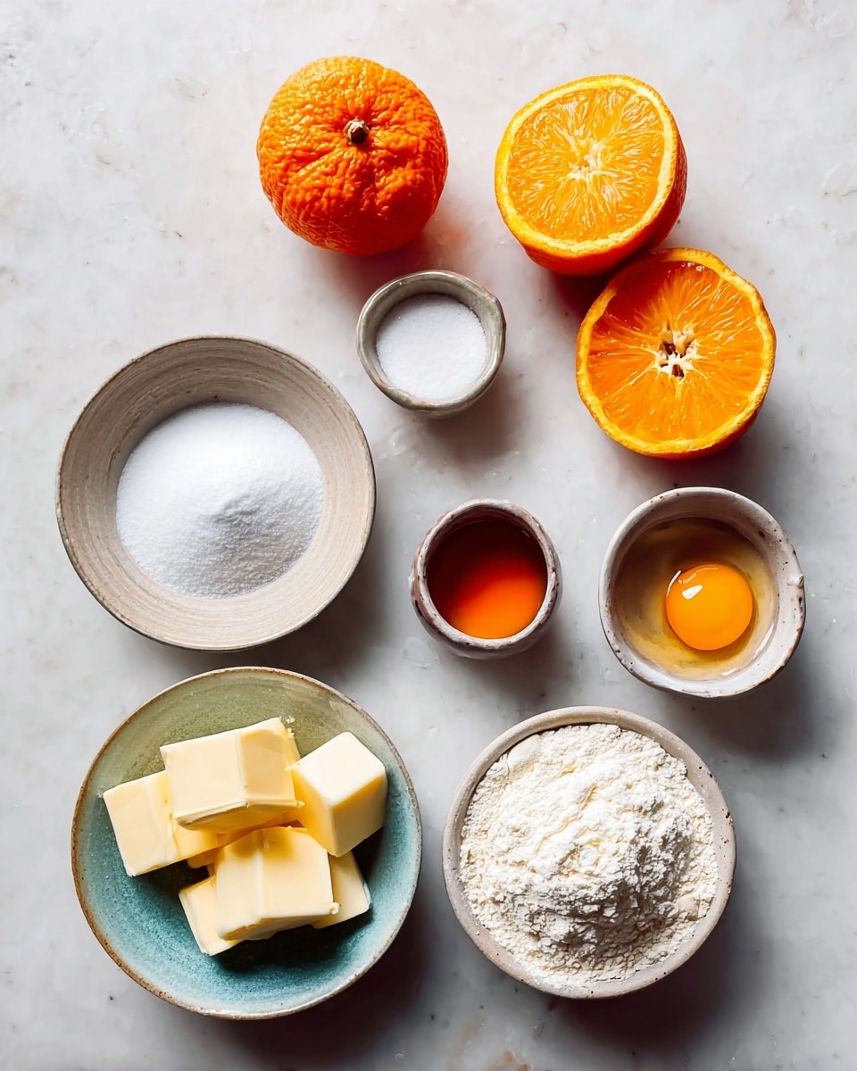 The image shows several ingredients arranged neatly on a white marbled surface. There are three whole oranges and two orange halves showing bright orange inside with textured skin at the top left. Near the center, there are three small bowls: one with white powder, another with a bright orange egg yolk, and a third with a small amount of amber liquid. A larger bowl filled with white granulated sugar sits near the middle. At the bottom left, a bowl holds four pale yellow butter pieces. On the bottom right, a white bowl contains a mound of white flour. All bowls are simple and rustic, with neutral colors that highlight the ingredients. photo taken with an iphone --ar 4:5 --v 7