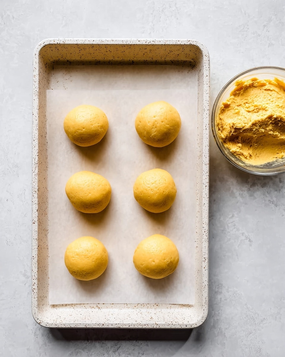 Six smooth, round yellow dough balls are placed in two neat rows of three on white parchment inside a speckled white baking tray. The dough balls have a soft texture and a shiny surface. At the top right corner, there is a clear glass bowl containing more of the same yellow dough, showing a slightly rough texture from where it was scooped. The whole scene is set on a white marbled surface with soft, natural lighting. photo taken with an iphone --ar 4:5 --v 7