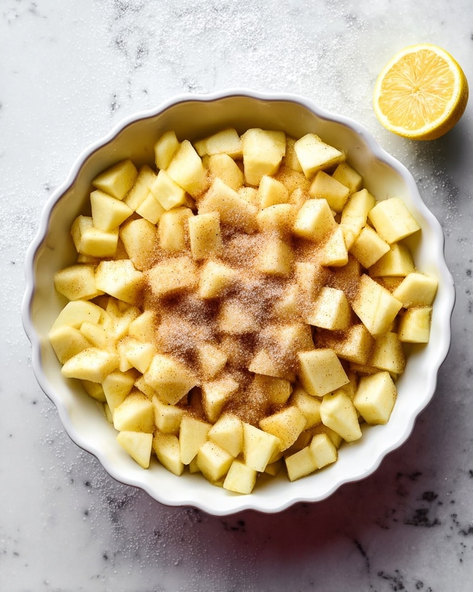A white scalloped ceramic bowl filled with small, even cubes of peeled apple that fill the bowl almost to the top. On top of the apple pieces, there is a layer of light brown sugar and white granulated sugar sprinkled mostly in the center. The bowl sits on a white marbled surface with a half lemon placed at the top right side of the image. photo taken with an iphone --ar 4:5 --v 7
