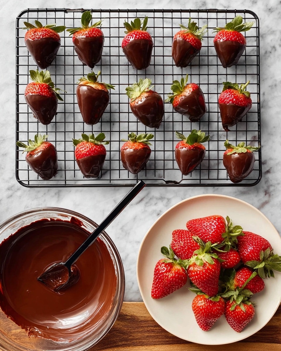 The image shows a kitchen scene with three main parts: in the top center, there is a black cooling rack holding eleven strawberries covered halfway in shiny dark chocolate, each strawberry with green leaves on top; below on the left is a glass bowl filled with smooth, melted dark chocolate with a black spoon inside; on the right, a white plate holds a group of fresh strawberries with green leaves, ready to be dipped. The background is a white marbled texture with a strip of wooden surface beneath the bowl and plate. Photo taken with an iphone --ar 4:5 --v 7