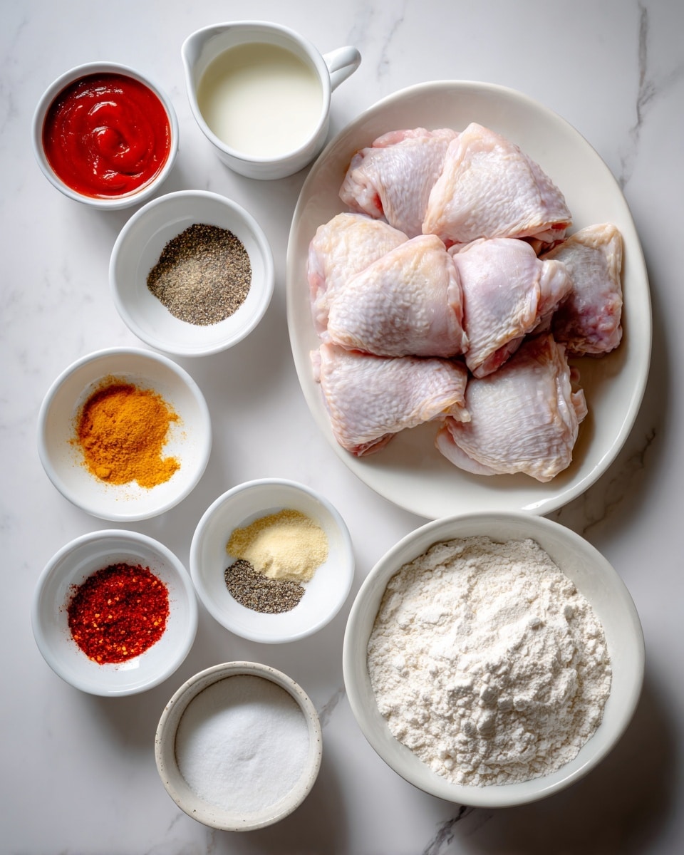 The image shows two sets of ingredients placed on a white marbled surface. On the left side, there is a small white bowl with red hot sauce, a tiny bowl of black pepper, a white bowl with red and yellow spices, a white bowl with kosher salt, a white measuring cup with buttermilk, and a white oval plate filled with raw chicken thighs arranged neatly, showing pink and light red tones with some skin visible. On the right side, there is a white plate with red and yellow spices stacked in layers, a white bowl with black pepper, a small white bowl with kosher salt, a tiny white bowl of baking powder, a very small white bowl of cornstarch, and a large white bowl filled with white flour, textured and slightly uneven on top. The layout is clean and all containers are white with clear ingredients, photo taken with an iphone --ar 4:5 --v 7