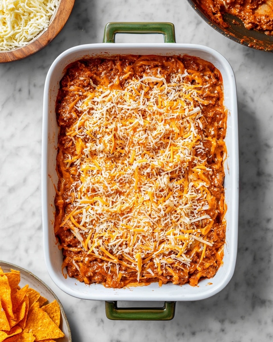 The image shows a white baking dish with a green handle, filled with one visible layer of a thick, chunky reddish-brown sauce mixed with small bits of ground meat, spread evenly across the bottom. On top, shredded cheese in orange and white colors is scattered lightly, creating a thin colorful layer with a slightly rough texture. The baking dish sits on a white marbled surface, with a wooden bowl of mixed shredded cheese in the upper left corner and a pan with some sauce residue in the upper right corner. Part of a plate with some orange tortilla chips is visible at the bottom left corner of the image. Photo taken with an iphone --ar 4:5 --v 7