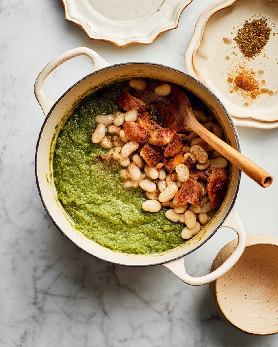 A white pot with two handles contains a layered dish. On the left side is a thick, green puree with a slightly rough texture, covering about half of the pot. On the right side, there are cooked white beans sprinkled with brown seasoning, resting on top of browned meat pieces that have a slight crispy look. A wooden spoon with a long handle leans inside the pot, partially covered by the beans and meat. At the top left, there is a white plate with scalloped edges, partly covered by a beige plate underneath, holding a portion of the same green puree. To the right of the plates, there is a small beige bowl on a white marbled surface. photo taken with an iphone --ar 4:5 --v 7