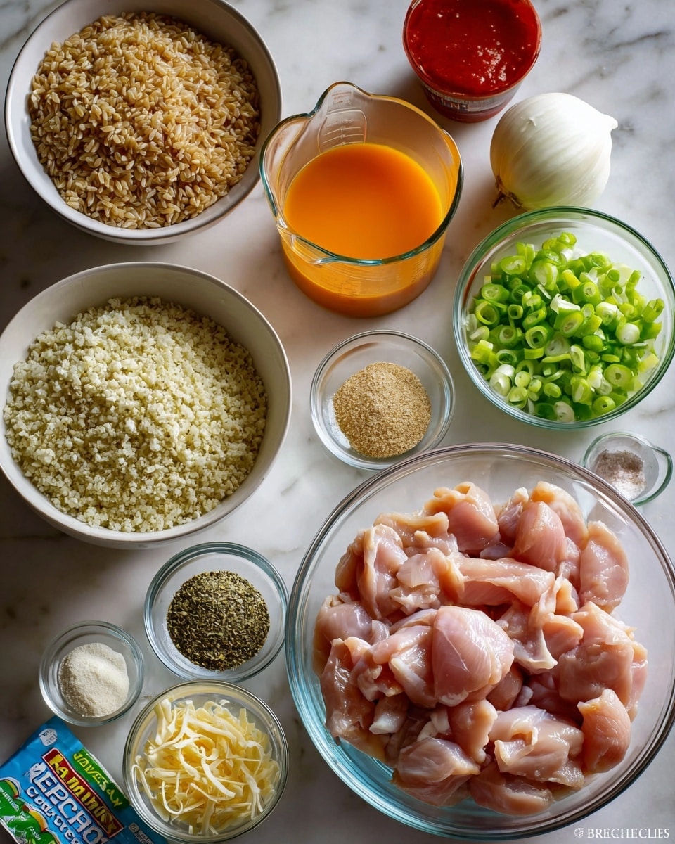 The image shows many clear glass bowls and one white bowl arranged neatly on a white marbled surface. The largest clear bowl holds many raw pieces of light pink chicken. To the left, a white bowl contains uncooked brown rice. Above that is a clear measuring cup filled with bright orange liquid, likely juice or broth, and next to it is a bottle of red sauce. Small clear bowls hold finely chopped white onions, shredded light yellow cheese, sliced green onions, chopped green celery, a mix of white and black ground spices, and a small amount of minced light brown garlic. There is a packet of ranch seasoning mix visible on the surface near the ingredients. Photo taken with an iphone --ar 4:5 --v 7