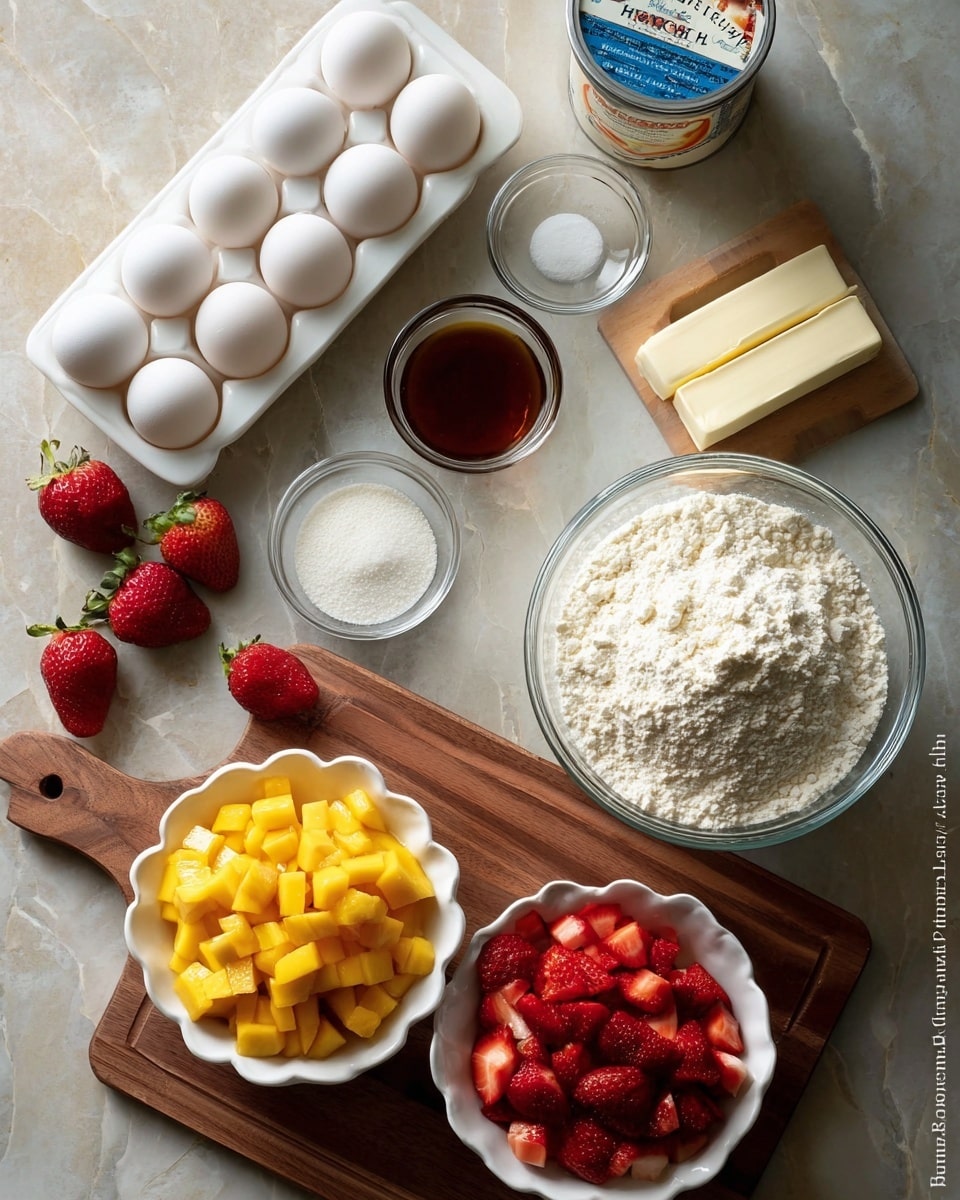 The image shows a flat lay of baking ingredients arranged neatly on a white marbled surface. On the left, a white egg tray holds six white eggs. To the right, two white rectangular sticks of butter lie side by side. A small glass bowl with vanilla extract sits next to a smaller glass bowl of baking powder, and a small glass bowl of salt is nearby. Above these, a container of sour cream with a white lid and blue label sits close to a large clear glass bowl filled with white flour. In front of the flour bowl is a medium white bowl filled with granulated sugar. To the top left, a wooden cutting board with a rounded handle holds two white ruffled bowls—one filled with bright yellow diced mango and the other with red chopped strawberries. Three whole strawberries with green tops are placed on the wooden board and surface around it. The image has natural light with soft shadows and a clean, tidy look. Photo taken with an iphone --ar 4:5 --v 7
