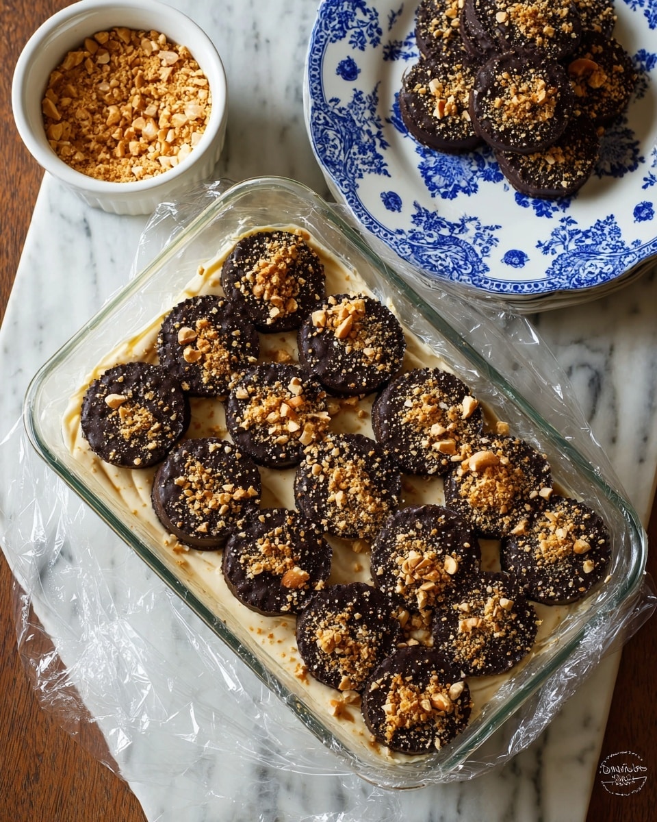 This image shows a rectangular glass container lined with clear plastic wrap. Inside, there is a layer of creamy beige spread at the bottom. On top of this is a neat layer of round, dark chocolate cookies arranged closely together in three rows. The cookies are sprinkled with small pieces of crushed nuts that add a crunchy texture and golden brown color. To the top left of the container, there is a small white bowl filled with more crushed nuts, and to the top right, a white plate with blue floral patterns holds more chocolate cookies, all set on a white marbled surface. Photo taken with an iphone --ar 4:5 --v 7