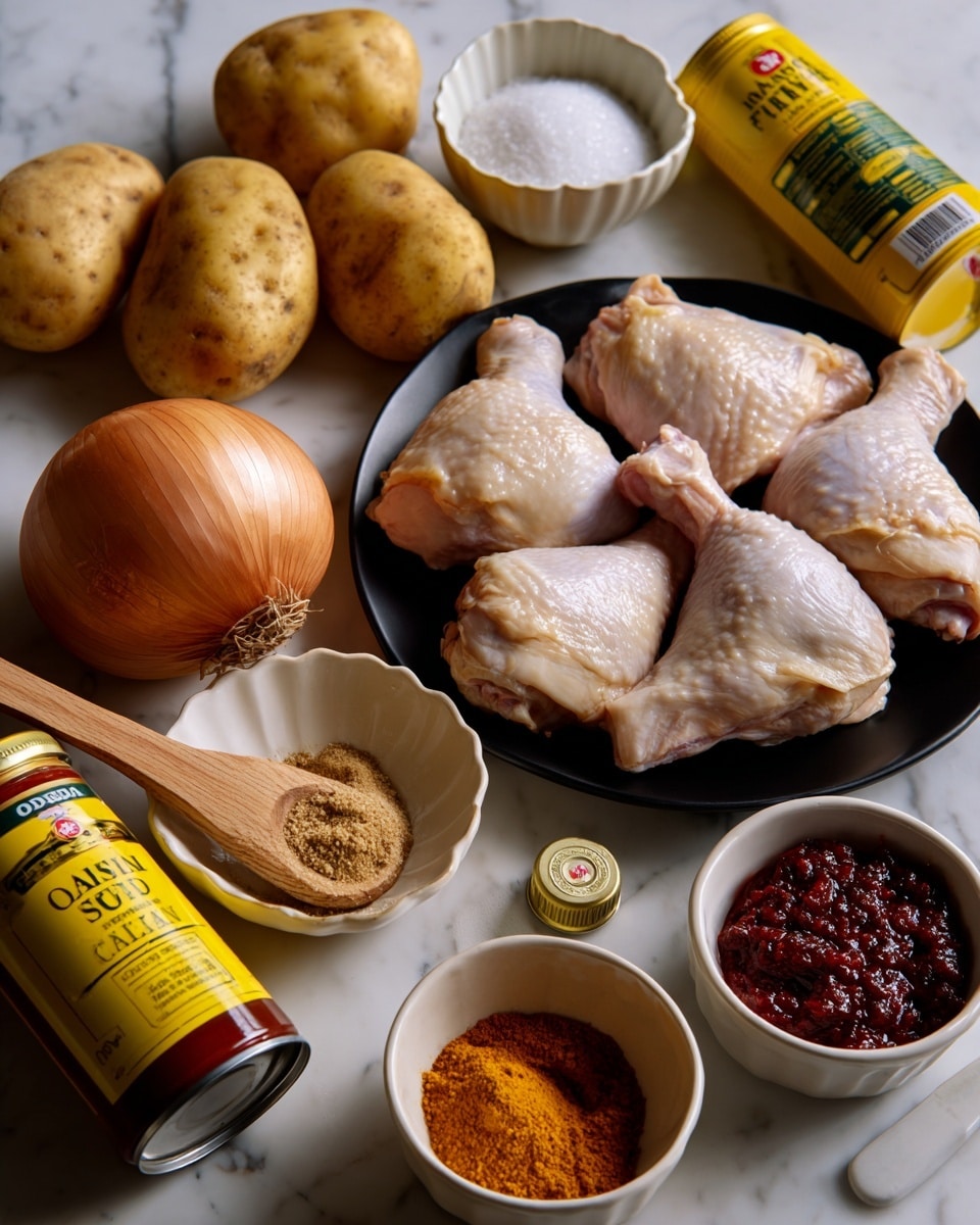 The image shows various ingredients arranged on a white marbled surface, including a whole yellow onion with dry skin, two russet potatoes with rough brown skin, and a white scalloped bowl filled with salt. There is a black plate holding four raw chicken thighs with white skin and pink flesh visible. Nearby, there are two cans of yellow-labeled coconut milk and a yellow container of yellow curry paste. Also present are a small white bowl with brown sugar, a small white bowl filled with a deep red sambal oelek chili paste, and two wooden spoons, one holding dark brown fish sauce and the other holding bright orange madras curry powder. A small clear bottle cap holds vegetable oil. The items are neatly placed with clear labels naming each ingredient. Photo taken with an iphone --ar 4:5 --v 7